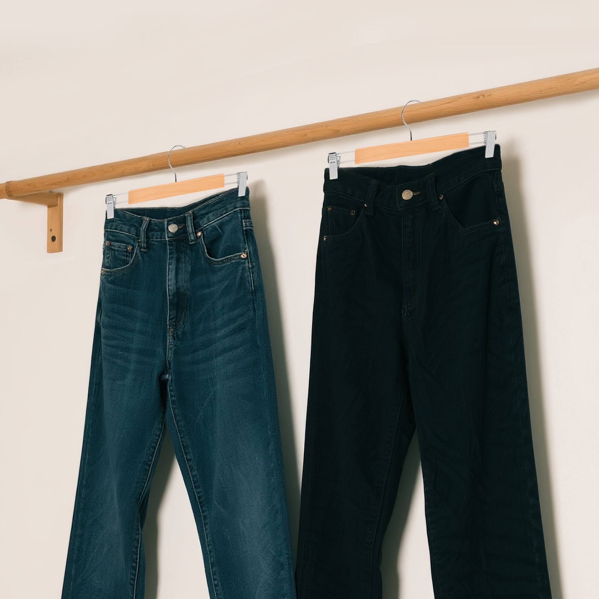 Alt View 2. BP4U - 24-Pack Wooden Adjustable Pants Hangers, Solid Wood Bottom Skirt/Trousers Hangers with Wrinkle-Free Design(Natural Wood) - Natural Wood.