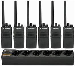 6 Motorola RMV2080 - VHF 2 Watt 8 Channel Radios & 1 Motorola PMLN6384 6 Radio Charger - Black