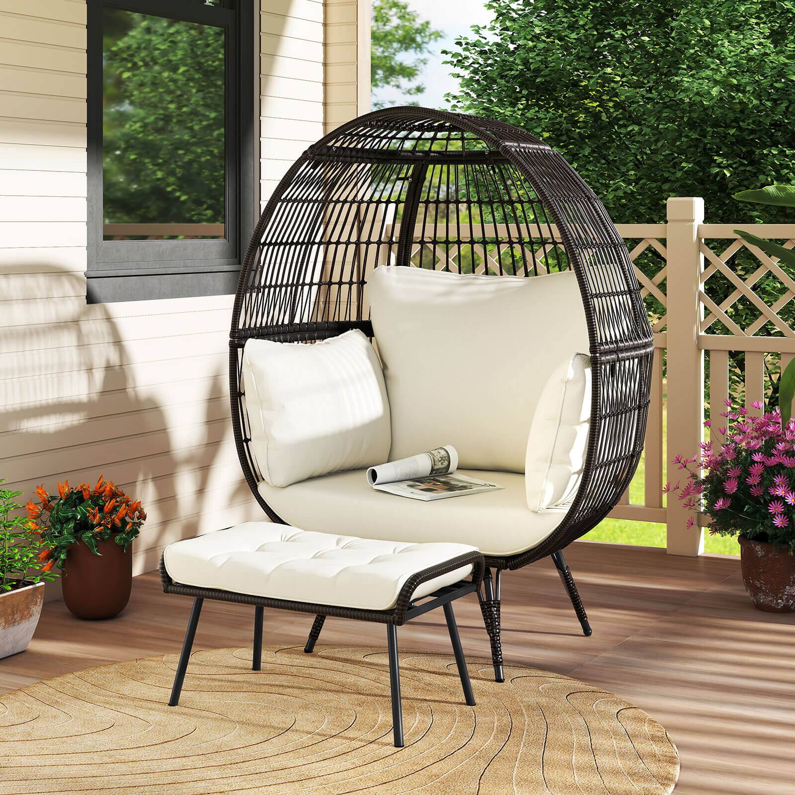 Alt View 1. Costway - Costway 2 PCS Patio Wicker Lounge Basket Set Oversized Egg Chair with Soft Cushions - Off White.