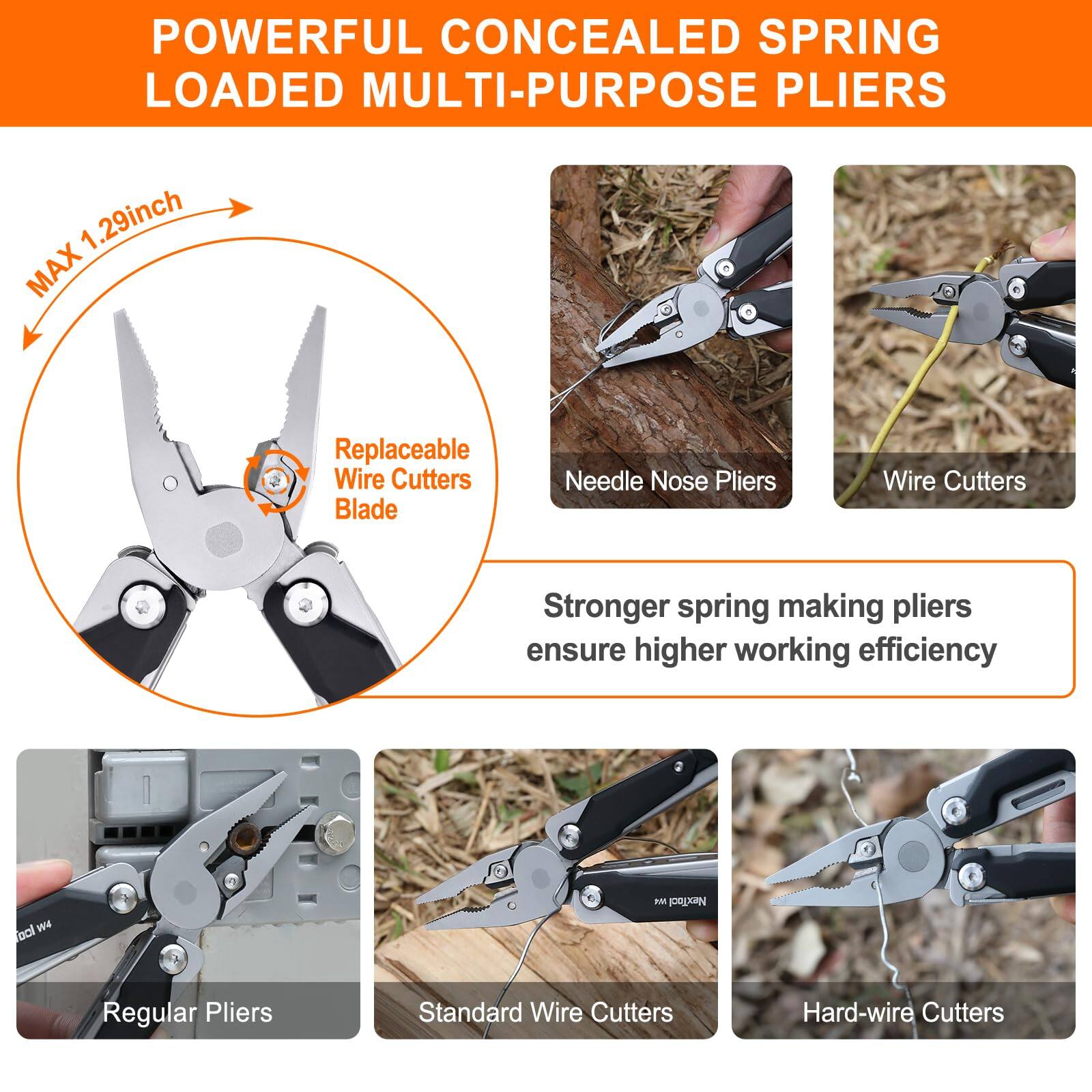 POWERFUL CONCEALED SPRING LOADED MULTI-PURPOSE PLIERS

MAX 1.29inch

Replaceable Wire Cutters Blade

Needle Nose Pliers

Wire Cutters

Stronger spring making pliers ensure higher working efficiency

Regular Pliers

Standard Wire Cutters

Hard-wire Cutters