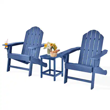 Front. Costway - Costway 3 PCS Patio Adirondack Chair Side Table HDPE Weather Resistant Cup Holder - Navy.
