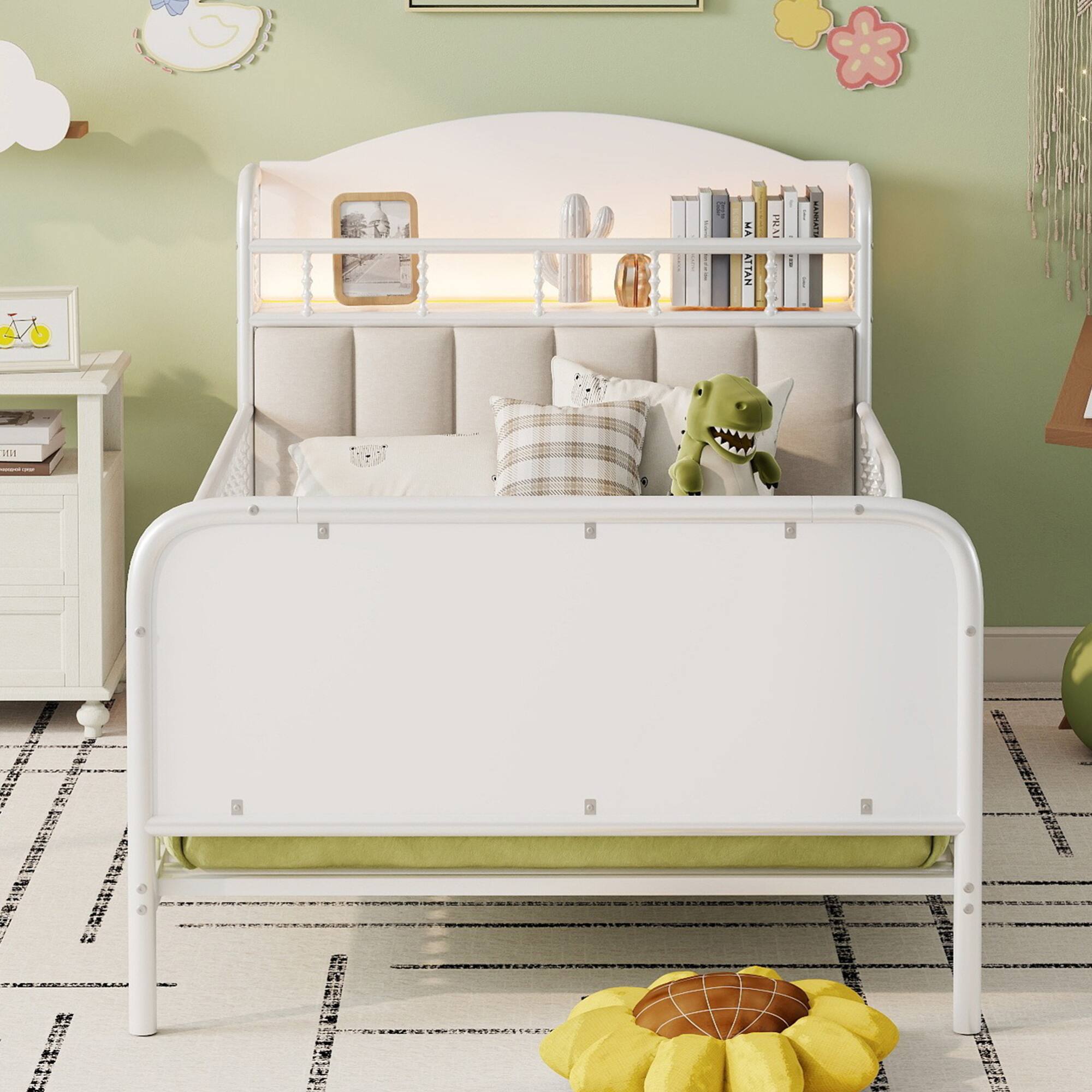 Left. GOODSILO - Kids Twin Metal Platform Bed Frame with Upholstered Headboard and LED Lighting - White.