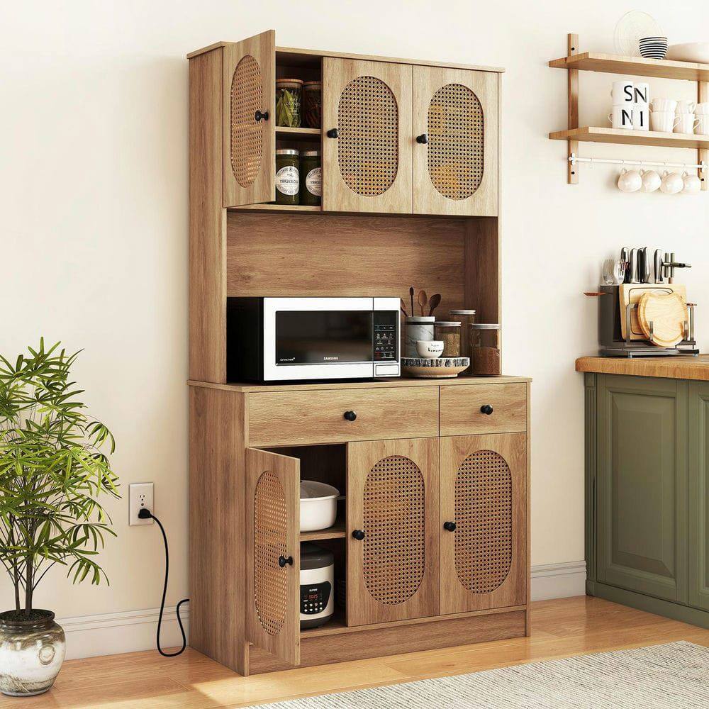 Alt View 1. Kadyn - 71" Pantry Cabinet with Open Hutch Top and Built-In Charging Station, Natural - Brown.
