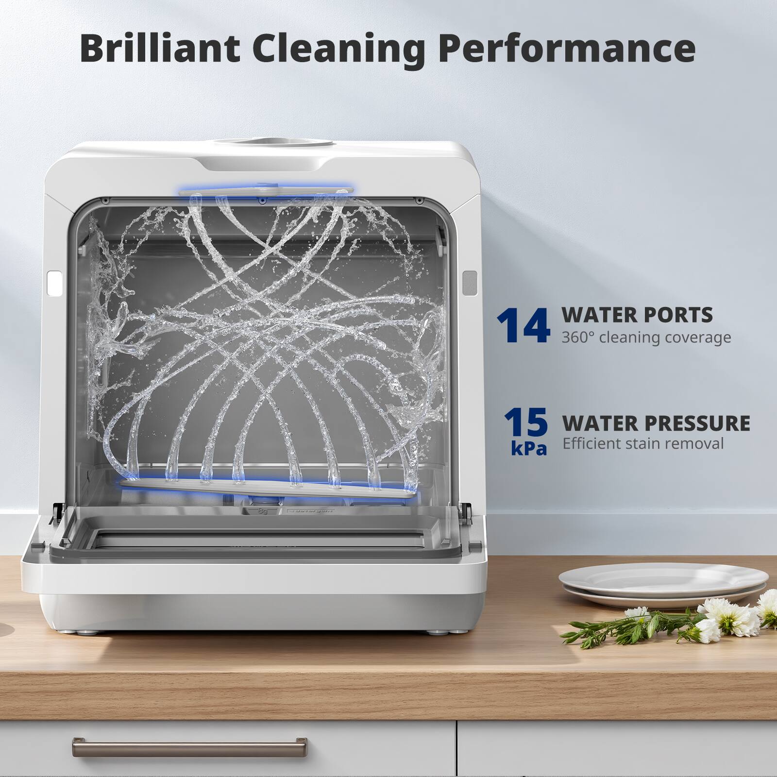 Brilliant Cleaning Performance

14 WATER PORTS  
360° cleaning coverage

15 WATER PRESSURE  
15 kPa  
Efficient stain removal