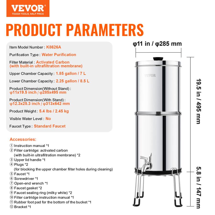 VEVOR Gravity fed Water Filter System, 2.25G 304 Stainless Steel ...