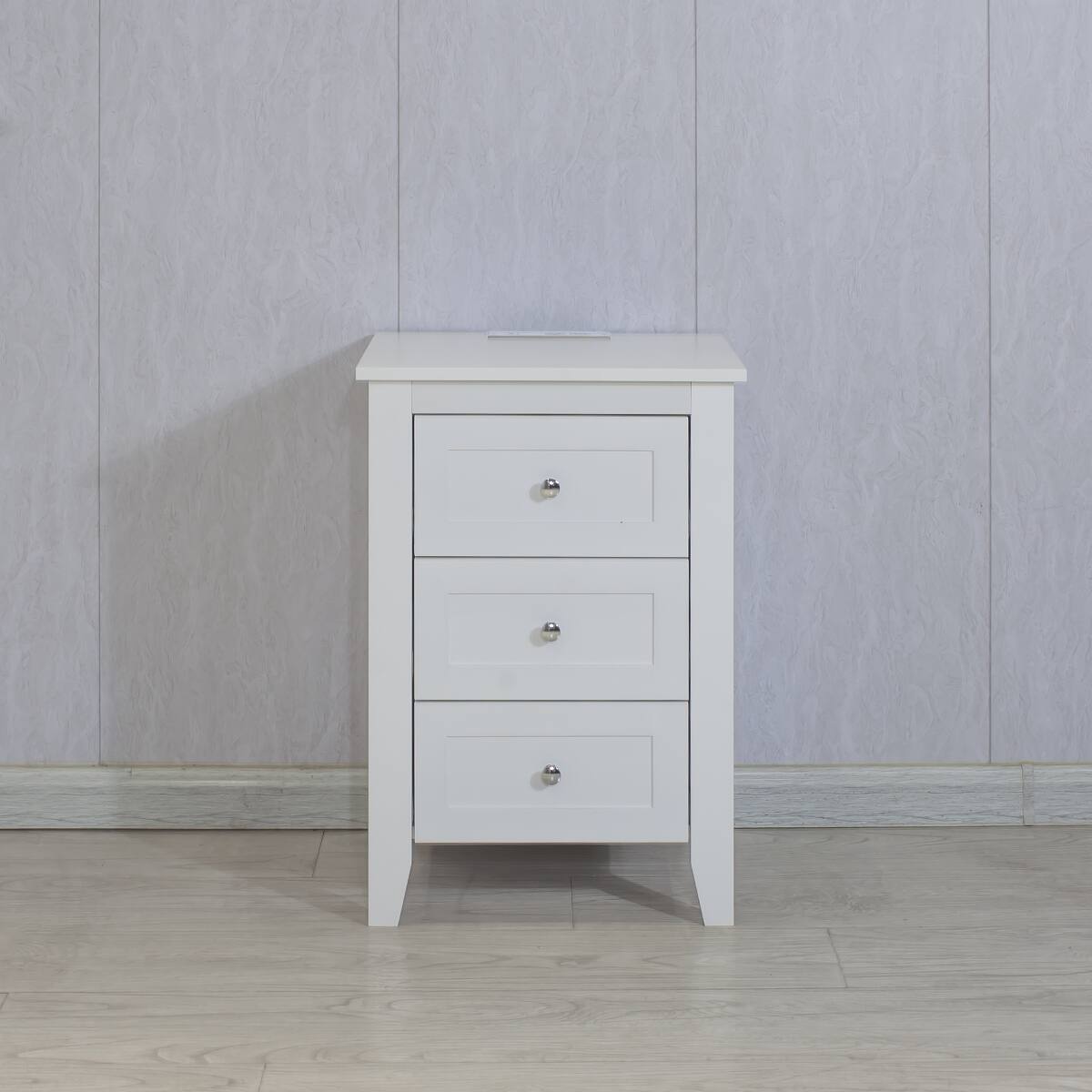 Left. Loheer - Loheer White 3 Drawer Nightstand with Charging Station, USB Ports and Power Outlets - White.