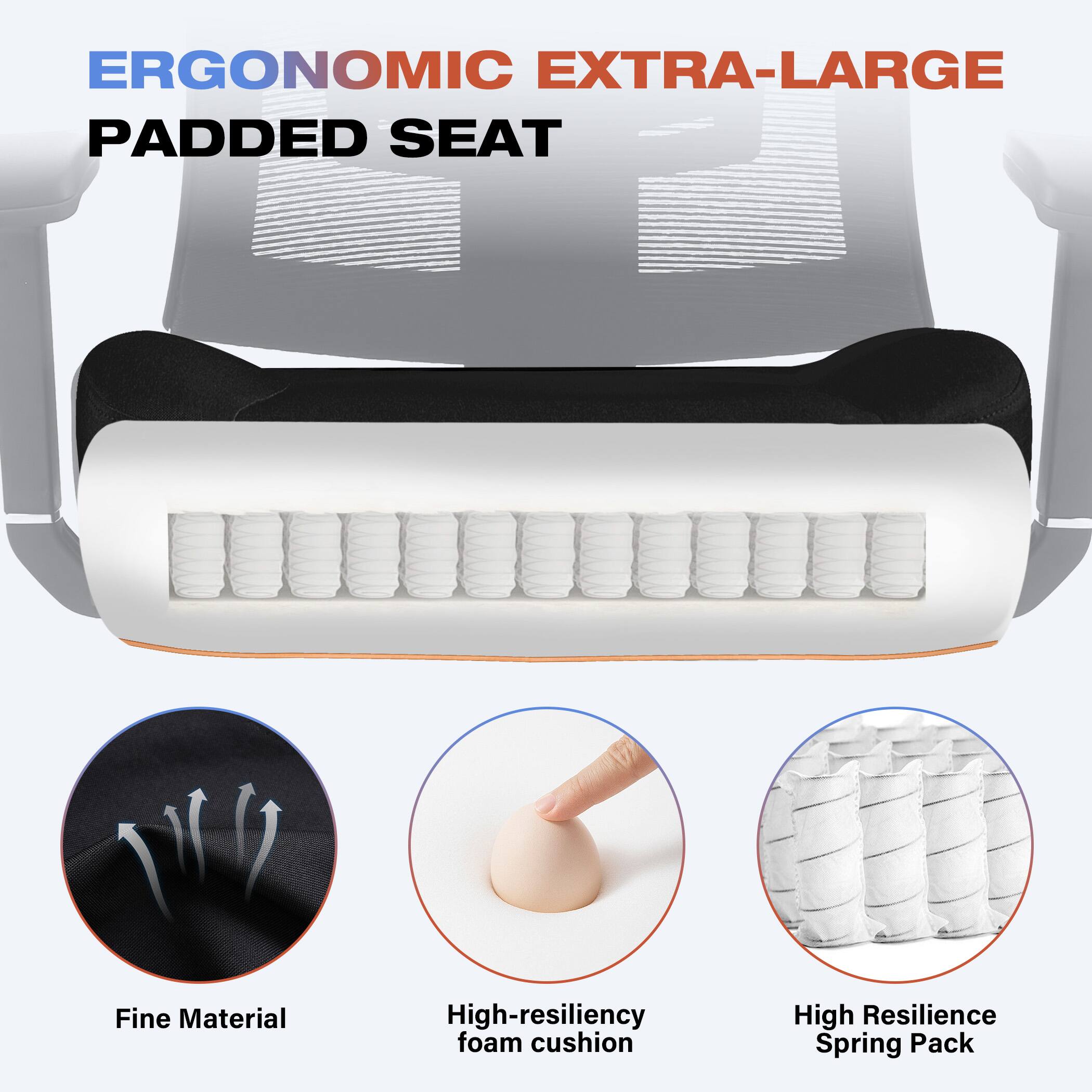 ERGONOMIC EXTRA-LARGE PADDED SEAT

- Fine Material
- High-resiliency foam cushion
- High Resilience Spring Pack