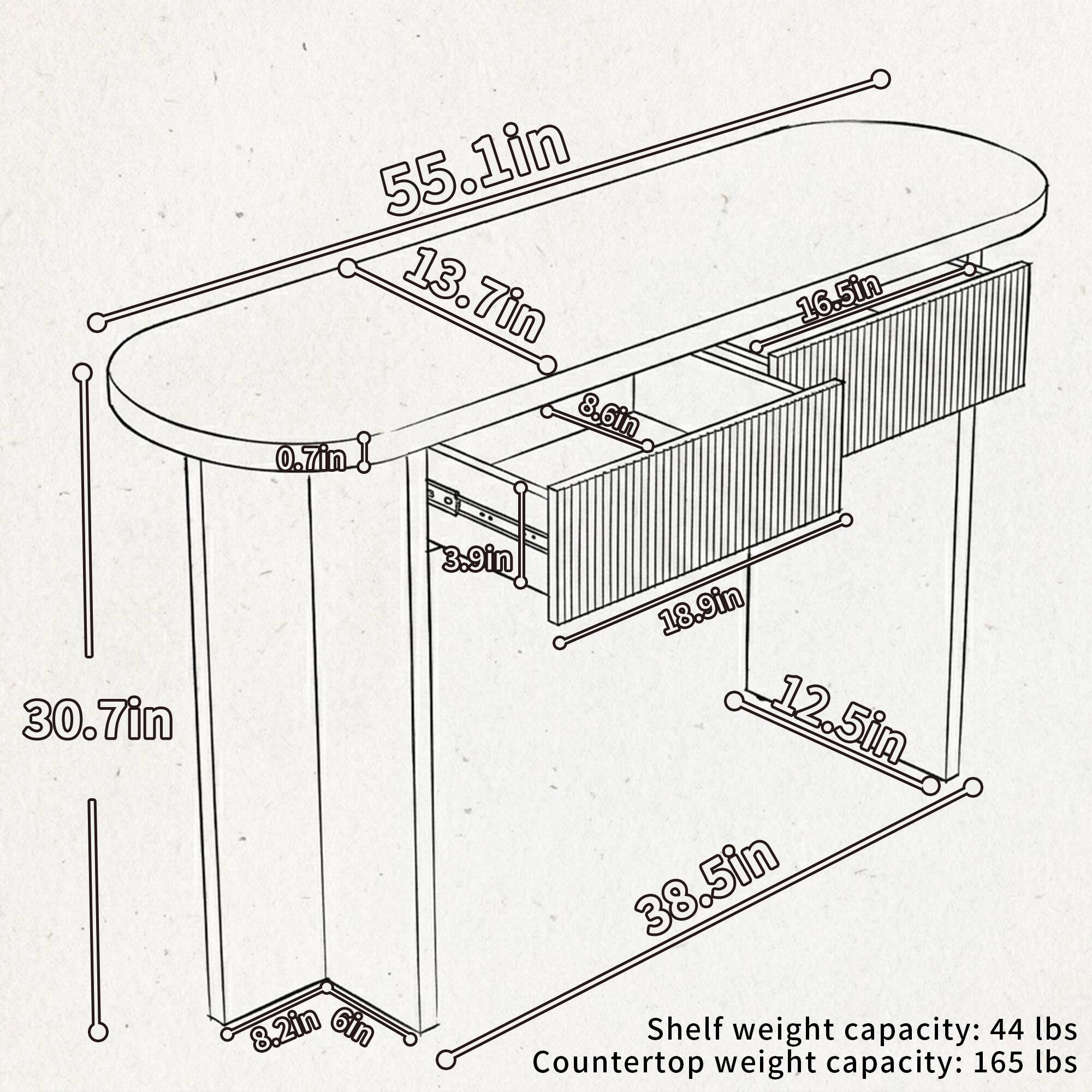 55.1in 13.7in 8.6in 0.7in 16.5in 30.7in 8.2in 6in 3.9in 18.9in 12.5in 38.5in

Shelf weight capacity: 44 lbs

Countertop weight capacity: 165 lbs