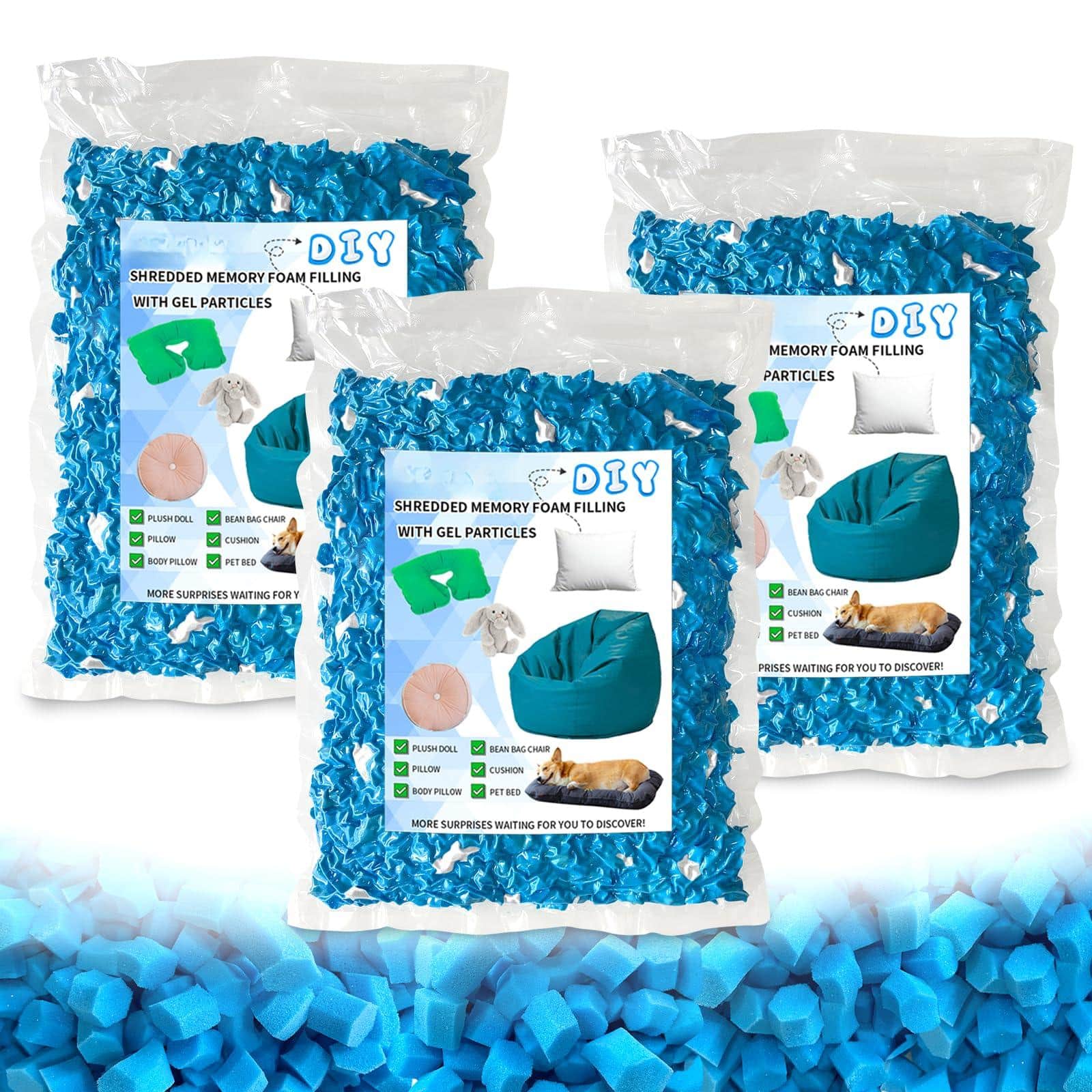 PO3TICJUNKI3- Bean Bag Filler Pillow Stuffing Filling Shredded Memory Foam Punching Refill For Pouf ottoman Stuffing boxi- Electric Blue & White