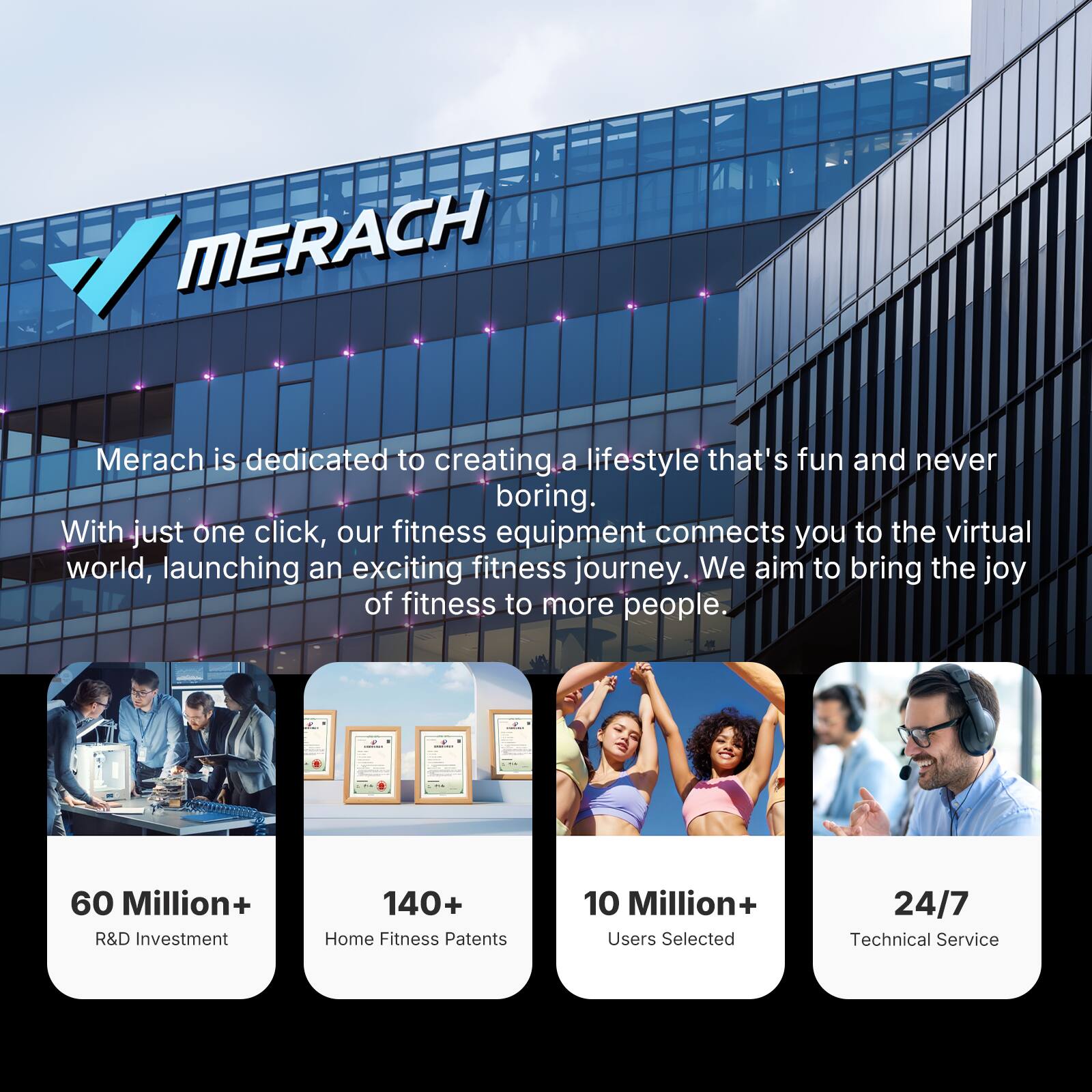 MERACH

Merach is dedicated to creating a lifestyle that's fun and never boring. With just one click, our fitness equipment connects you to the virtual world, launching an exciting fitness journey. We aim to bring the joy of fitness to more people.

- 60 Million+ R&D Investment
- 140+ Home Fitness Patents
- 10 Million+ Users Selected
- 24/7 Technical Service