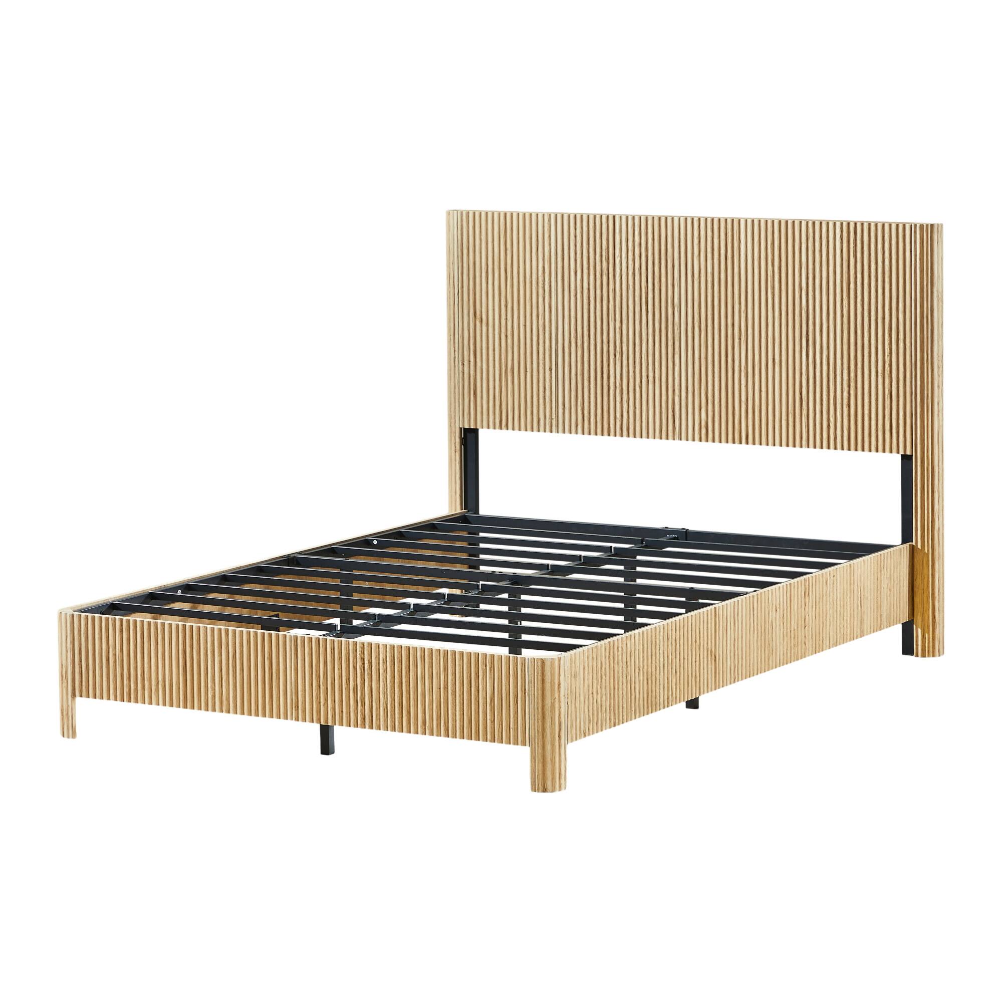 Front. GOODSILO - Full Size Wooden Corrugated Curved Lines Bed Frame with No Box Spring Needed in Walnut Finish - Oak.
