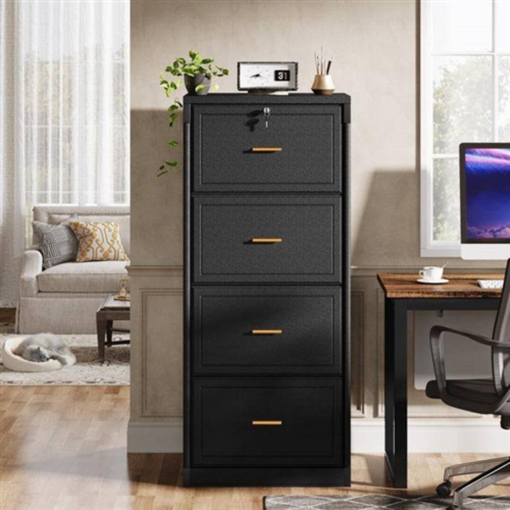 Left. Hivvago - Vertical File Cabinet in Black Wood Finish with 4 Lockable Storage Drawers - Black.