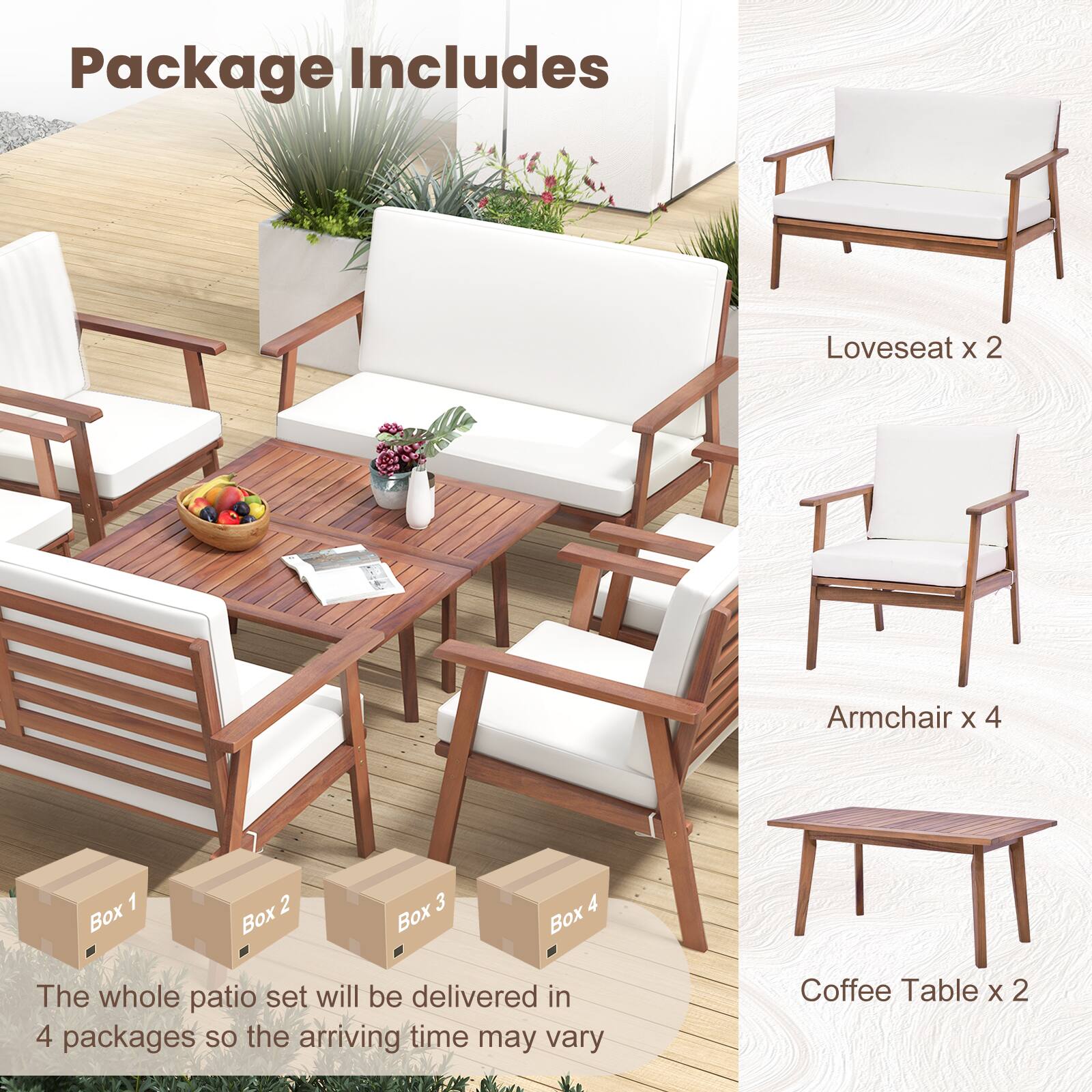Package Includes: Loveseat X 2, Armchair X 4, Coffee Table X 2. The whole patio set will be delivered in 4 packages, so the arriving time may vary.