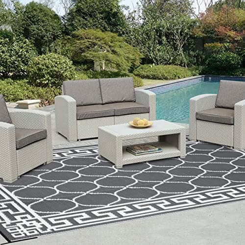 Earthley Blooms - Reversible Outdoor Rugs Waterproof Plastic Straw Rug Stain & Uv Resistant Floor Mat For Patio Porch Rv Back - Lantern/Gray & White-6' x 4' (Rectangular)