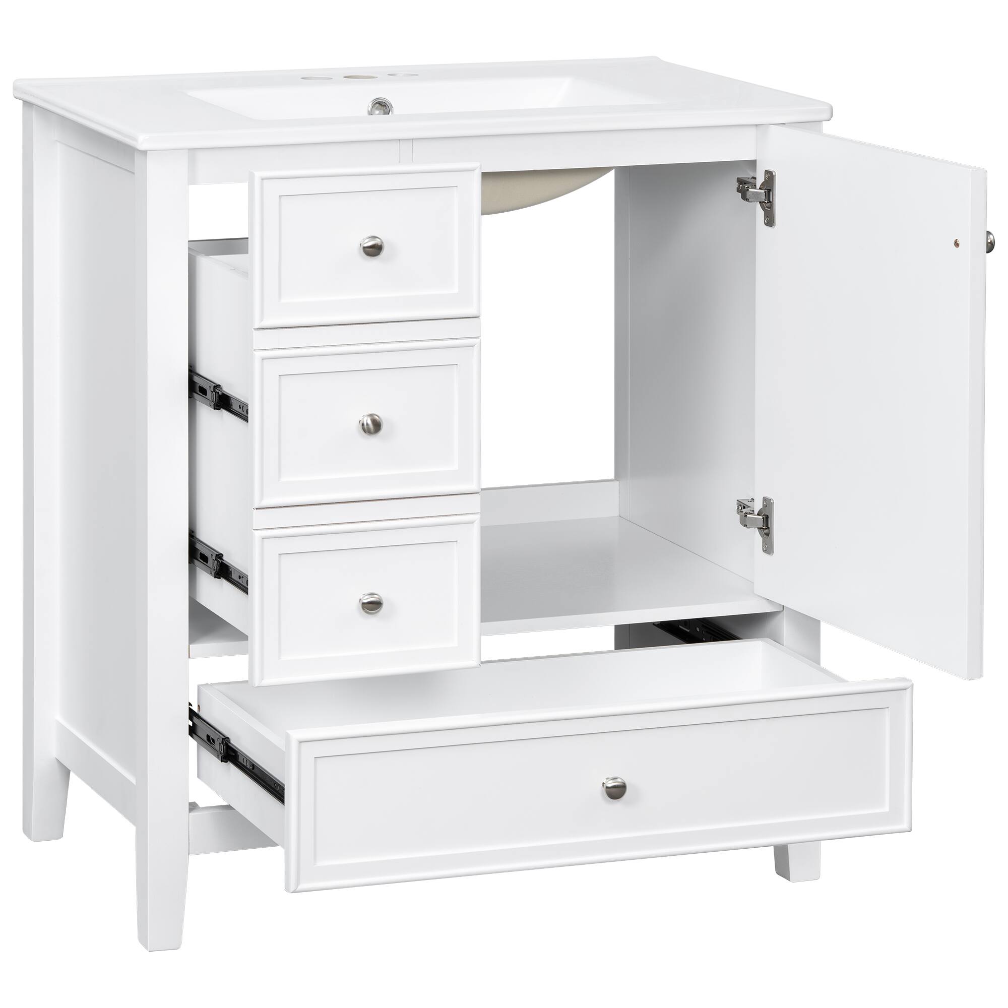 Alt View 1. Whisen - 30" Bathroom Vanity with Ceramic Sink Combo 3-Drawer 1-Cabinet Freestanding Storage Cabinet - White.