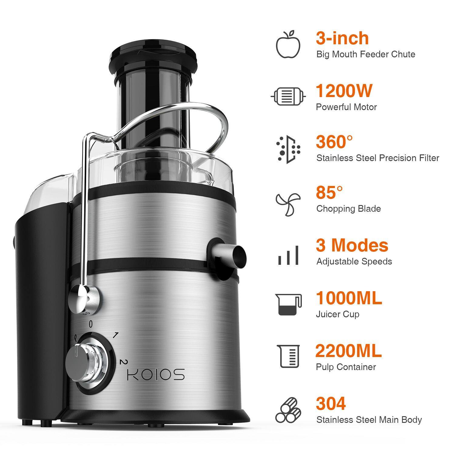 3-inch Big Mouth Feeder Chute  
1200W Powerful Motor  
360° Stainless Steel Precision Filter  
85° Chopping Blade  
3 Modes Adjustable Speeds  
1000ML Juicer Cup  
2200ML Pulp Container  
304 Stainless Steel Main Body