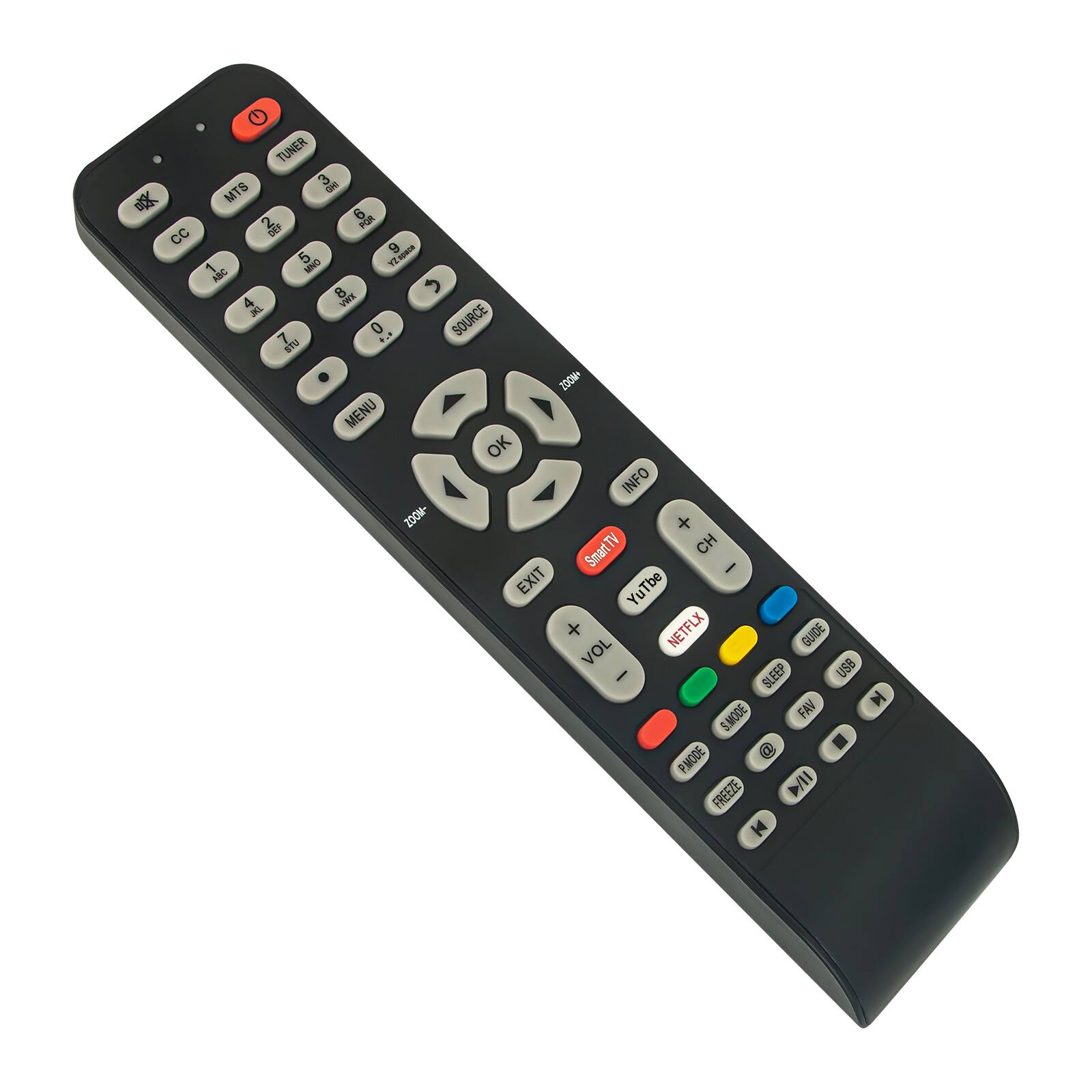 CC G TUNER MTS 3 6 POR 2 6 5 12 ABC MINO 8 C 4 4 WWE 0 . SOURCE 7 ZOOM+ MENU OK INFO 200W- + SmartTV CH I EXIT YouTube + NETFLIX GUIDE VOL USB I SLEEP H S.MODE FAV PMODE @ FREEZE D/II