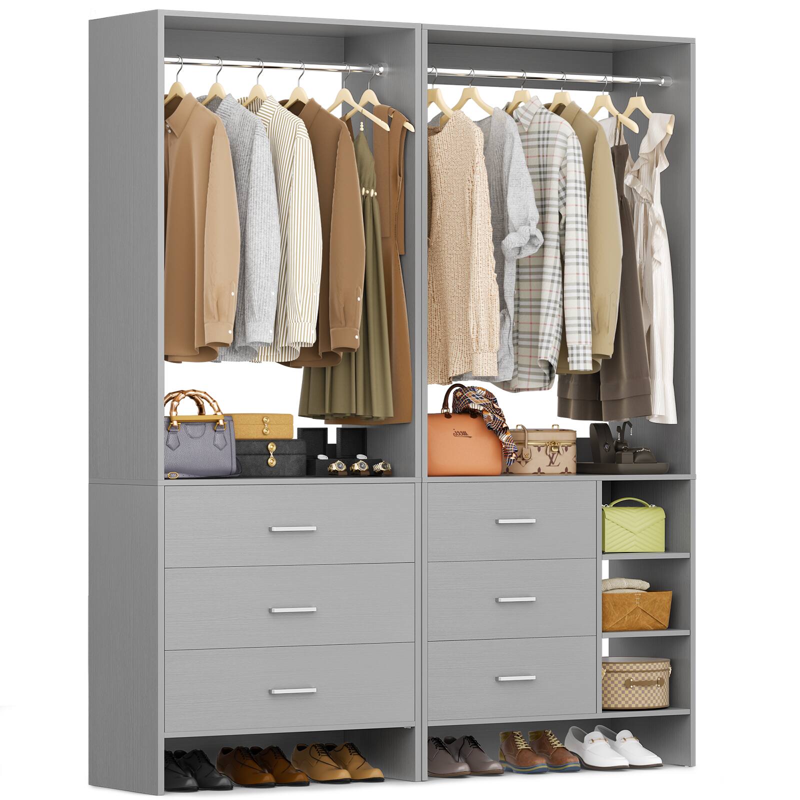 Angle. Aheaplus - Wardrobe Closet System 2-Piece Set, 4.5ft Organizer System with 6 Drawers and 2 Hanging Rods - Gray.