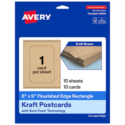 Go to avery.com/templates
Use Avery Presta Template 95354
Kraft Brown
1 card per sheet
10 sheets
10 cards
6" x 9" Flourished Edge Rectangle Kraft Postcards with Sure Feed Technology for Laser/Inkjet