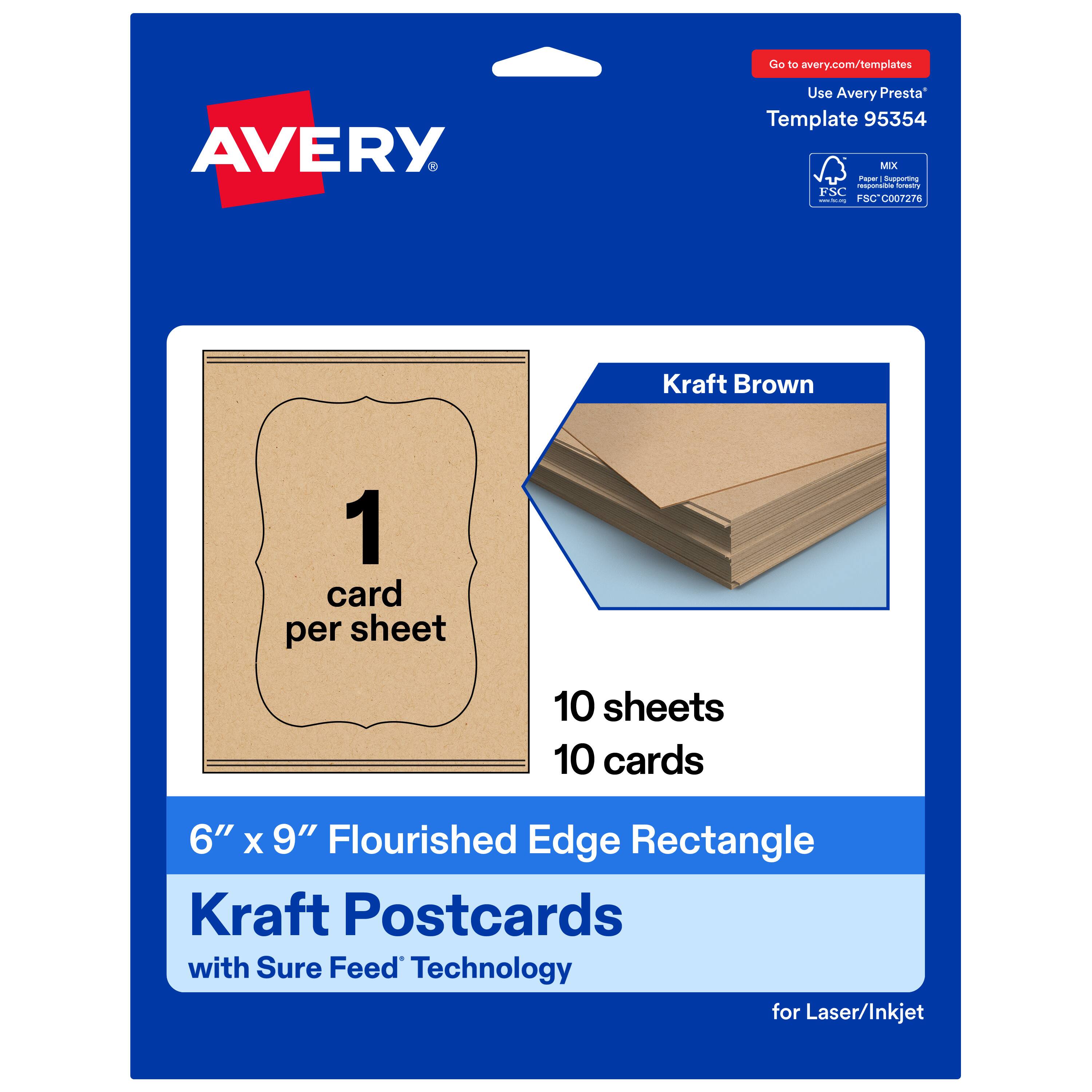 Go to avery.com/templates  
Use Avery Presta Template 95354  

Kraft Brown  
1 card per sheet  
10 sheets  
10 cards  

6" x 9" Flourished Edge Rectangle Kraft Postcards with Sure Feed Technology for Laser/Inkjet