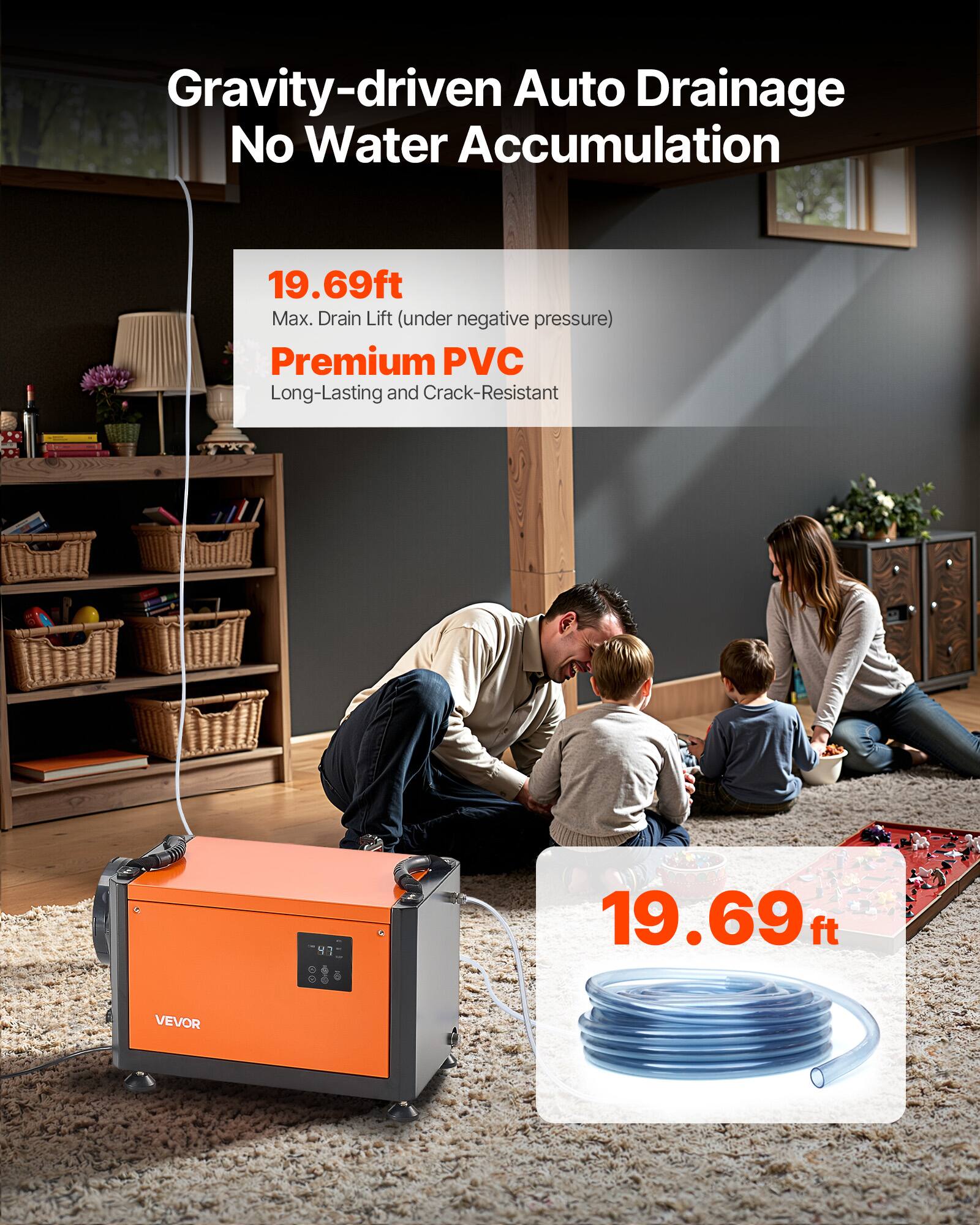 Gravity-driven Auto Drainage No Water Accumulation

19.69ft Max. Drain Lift (under negative pressure) Premium PVC Long-Lasting and Crack-Resistant

19.69ft
