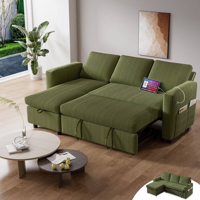Angle. Dyonery - Dyonery 81" L Shaped Pull Out Couches for Living Room with Storage Chaise, USB Port&Cupholder - Green.