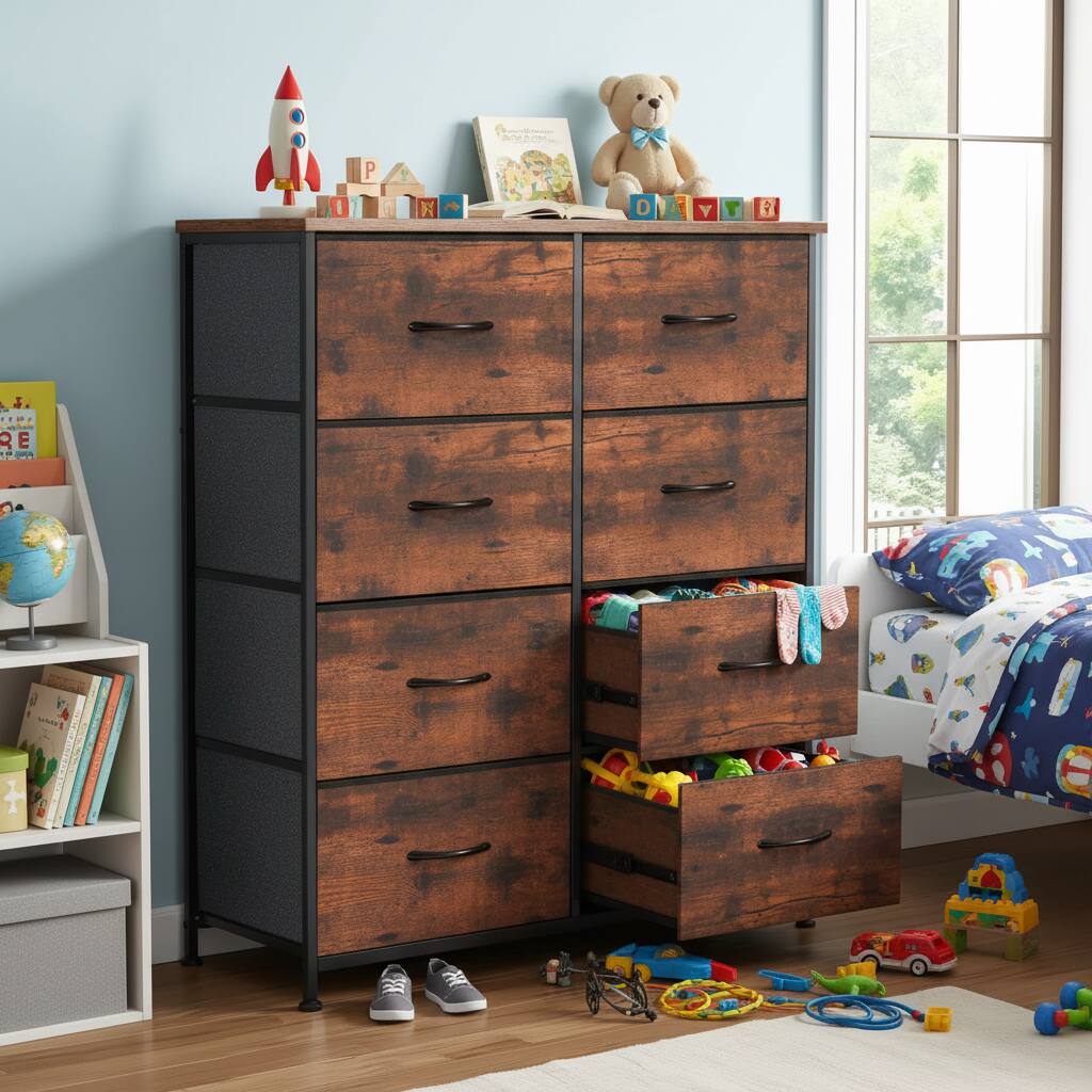 Alt View 4. AOITUN - Large Bedroom Dresser for Daily Use, Rustic 8-Drawer Wood Storage Tower, Wide Organizer for Clothes - Steel.