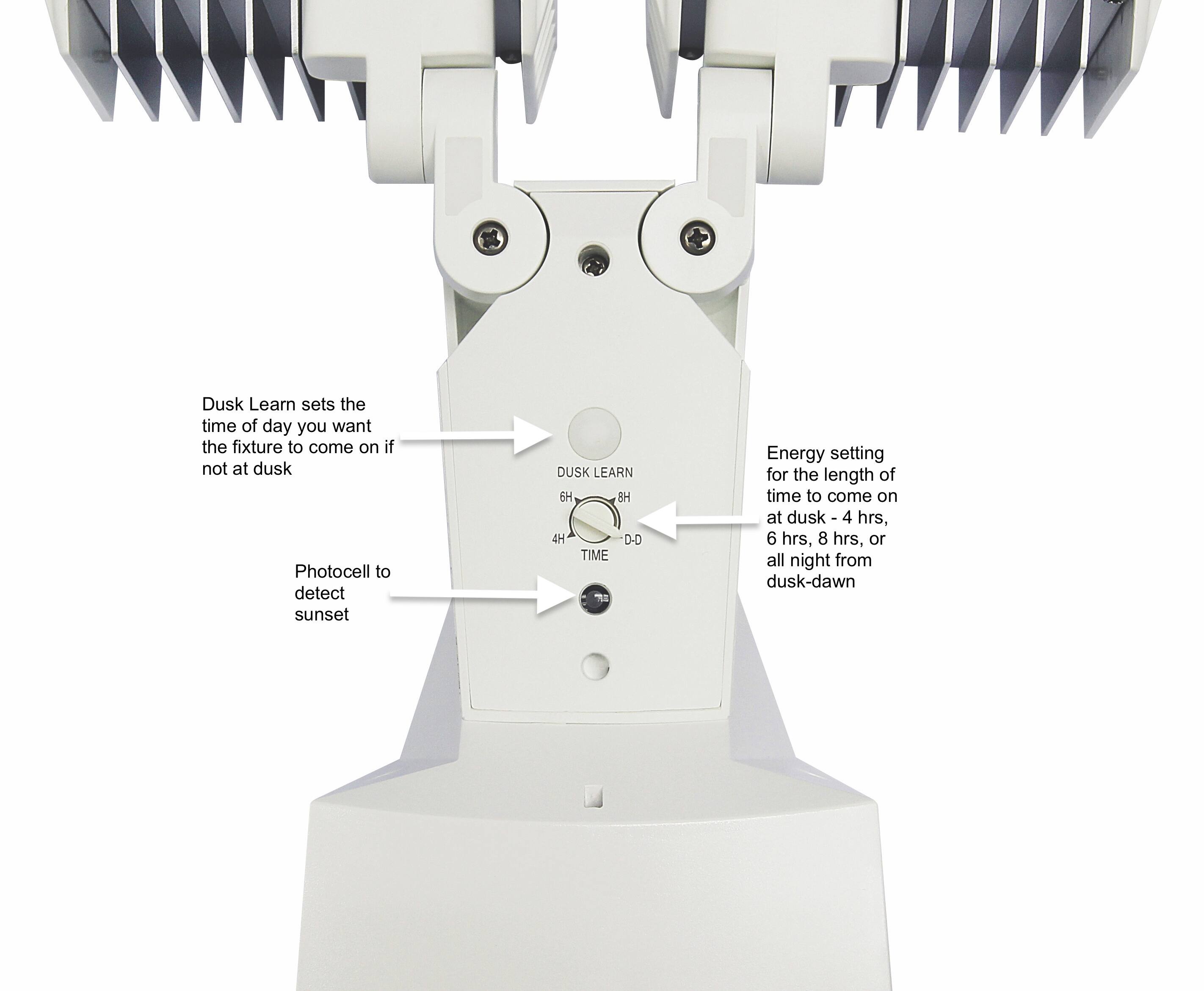Dusk Learn sets the time of day you want the fixture to come on if not at dusk.

Photocell to detect sunset.

Energy setting for the length of time to come on at dusk - 4 hrs, 6 hrs, 8 hrs, or all night from dusk-dawn.