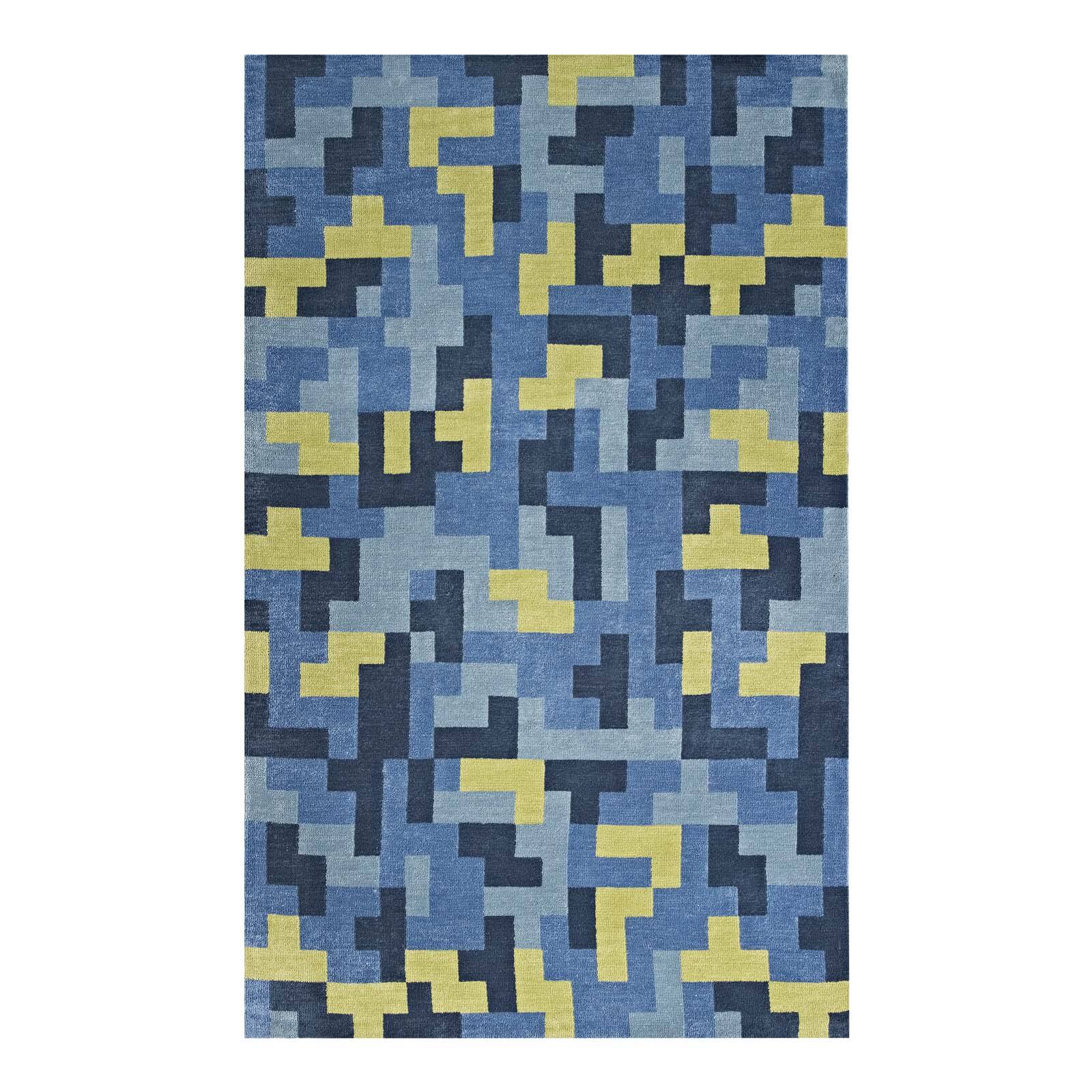 Angle. Modway - Andela Interlocking Block Mosaic Area Rug - Multicolored Blue and Light Olive Green.