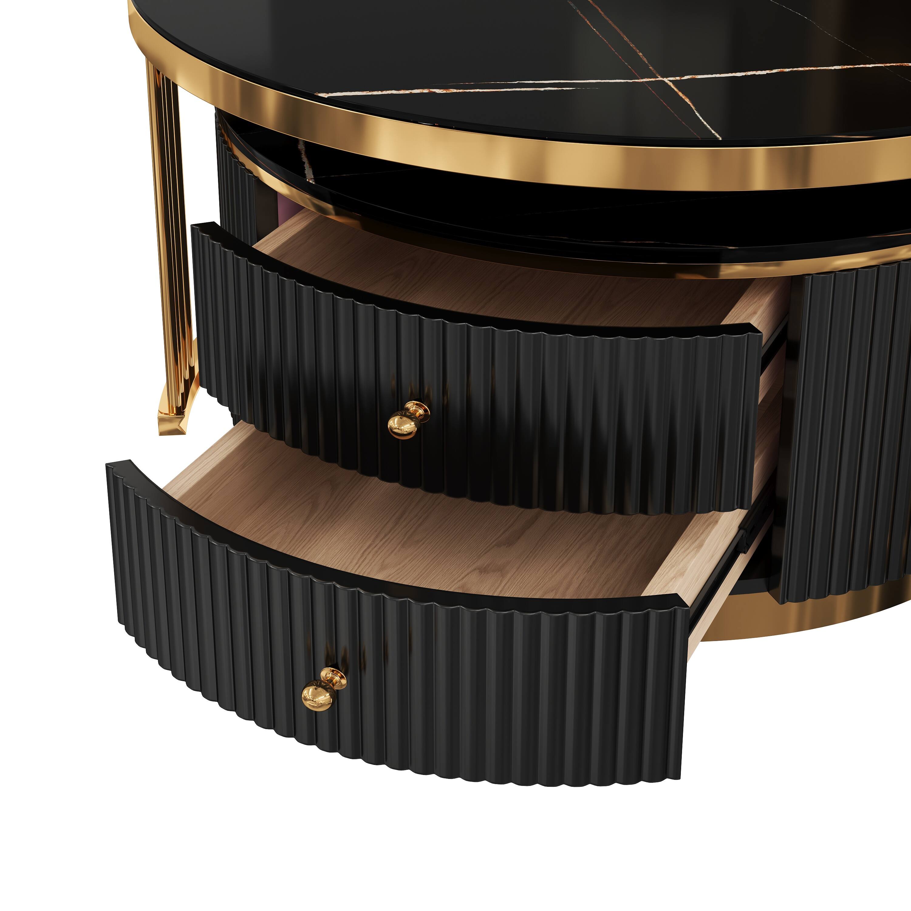 Alt View 9. Loheer - Modern 2-Piece Black Round Nesting Coffee Table with Drawers, Space-Saving Design & Hidden Storage, 27.6" - Black.