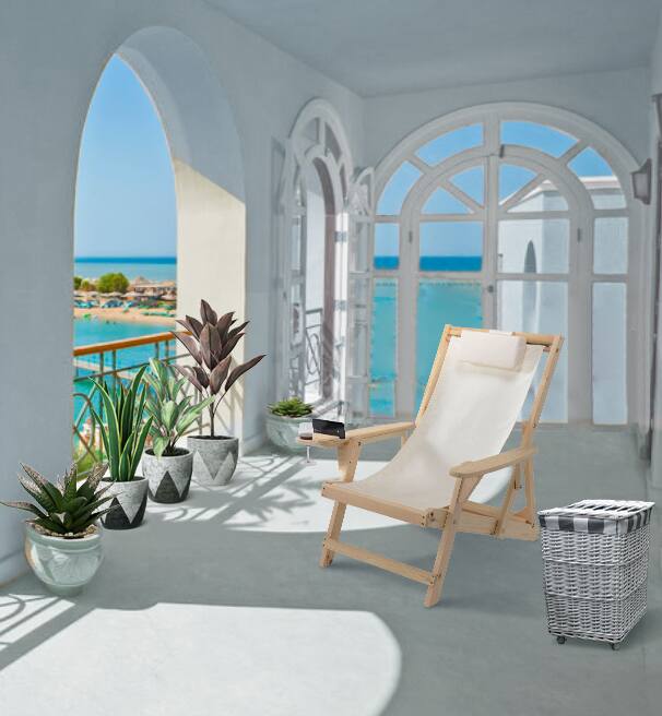 Angle. Jiallo - Romantic Collection Canvas Sling Chair with Cup and Wine Holder and Ottoman (Set of 5) - Natural color with beige fabric.