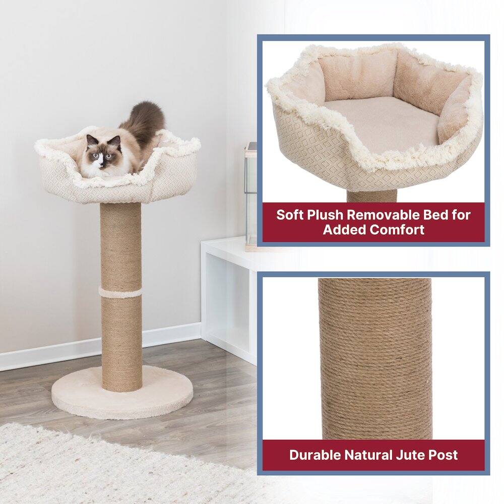 Soft Plush Removable Bed for Added Comfort  
Durable Natural Jute Post