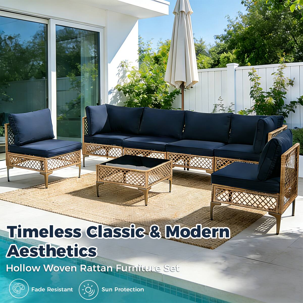 Timeless Classic & Modern Aesthetics  
Hollow Woven Rattan Furniture Set  
Fade Resistant  
Sun Protection