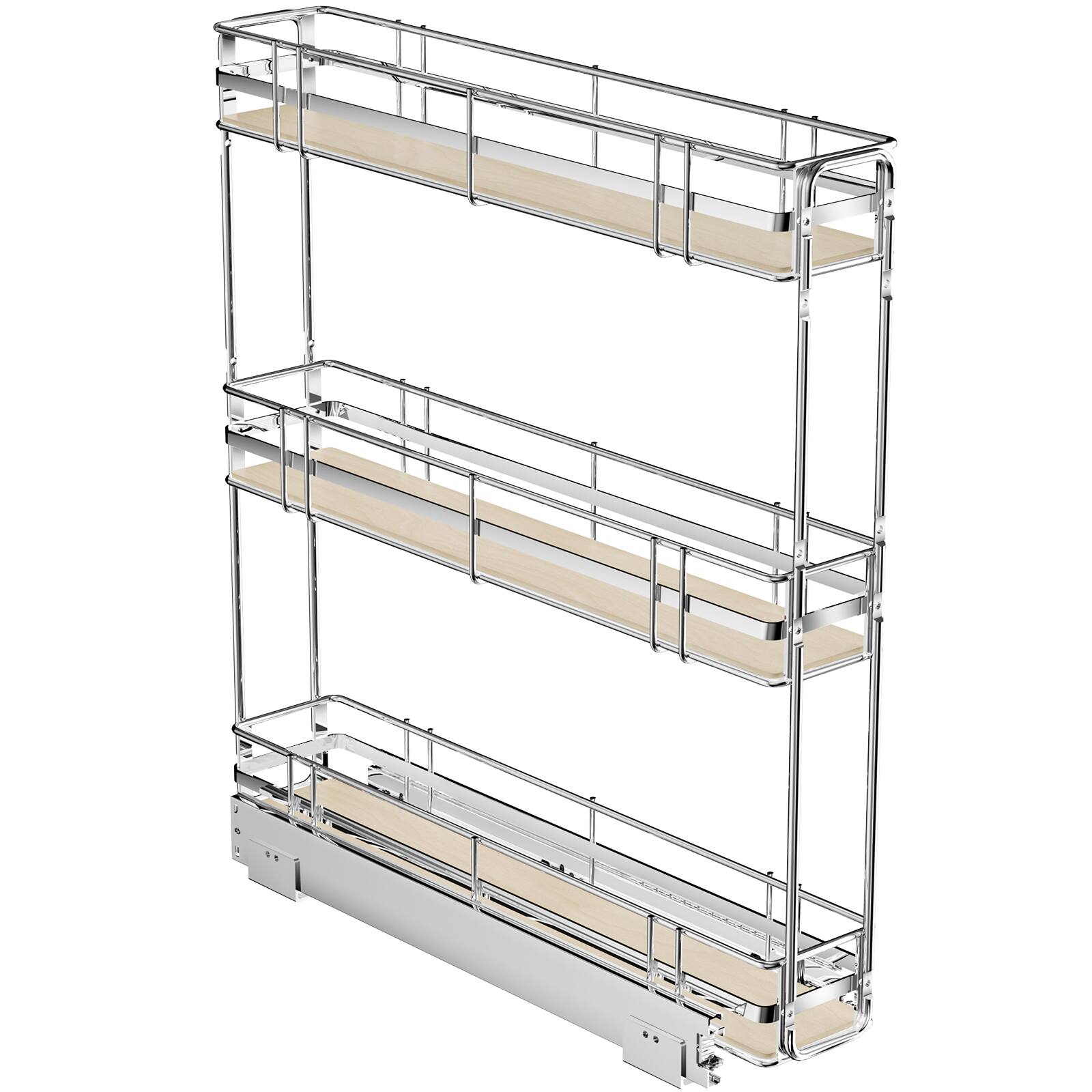 Front. LOVMOR - 3-Tier Pull Out Cabinet Organizer Spice Rack for Narrow Cabinet 5in W x 20½in D Slide Out Wood Shelves Storage Kitchen - Silver.