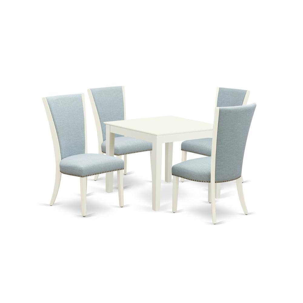 Left. East West Furniture - East-West Furniture OXVE5-LWH-15 - A dining table set of 4 fantastic dining room chairs with Linen Fabric Baby Blue - Linen White.