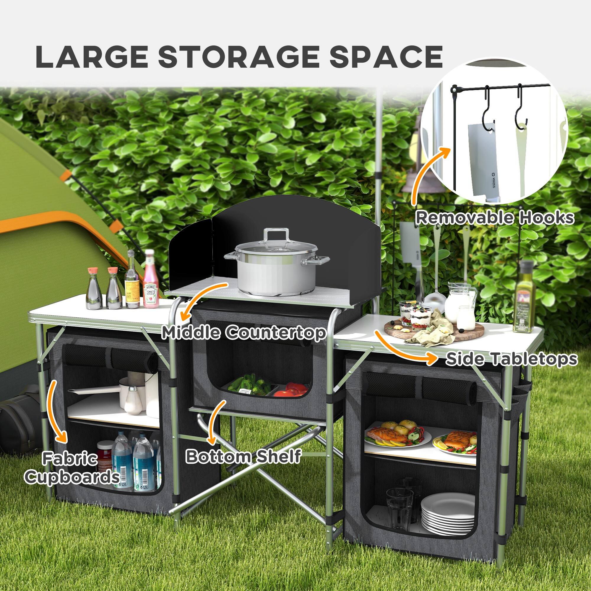 LARGE STORAGE SPACE

- Removable Hooks
- Middle Countertop
- Side Tabletops
- Fabric Cupboards
- Bottom Shelf