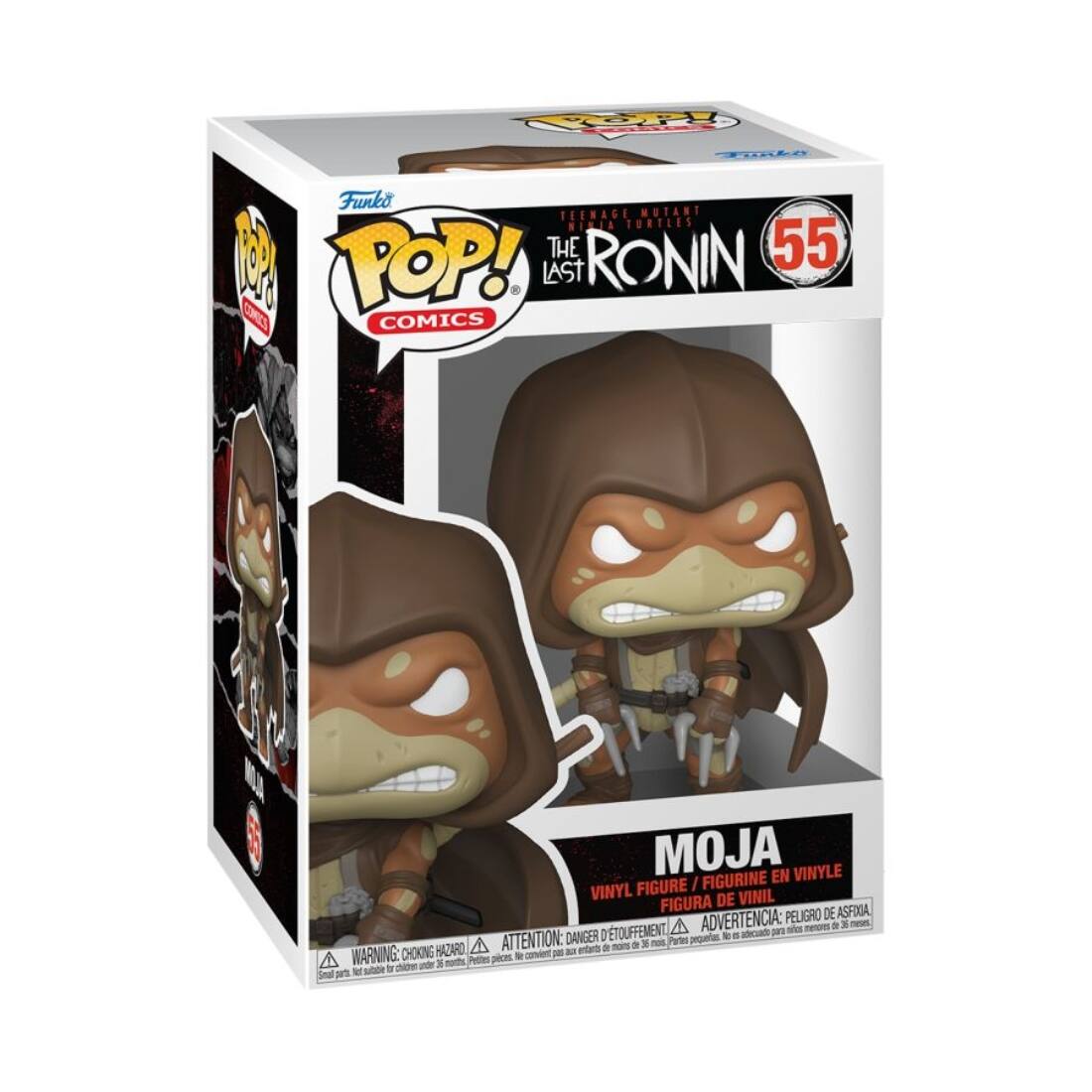 Sure, here is the corrected and grouped text from the image:

---

**Front:**
- **Funko POP! COMICS**
- **TEENAGE MUTANT NINJA TURTLES THE LAST RONIN 55**
- **MOJA**
- **VINYL FIGURE / FIGURINE EN VINYLE / FIGURA DE VINIL / FIGURA DE VINIL**

**Warning:**
- **WARNING: CHOKING HAZARD - Small parts. Not for children under 3 years.**
- **ADVERTENCIA: PEQUEÑAS PIEZAS - PELIGRO DE ASFIXIA. No es para menores de 3 años.**

**Side:**
- **Funko POP! COMICS**
- **55**

**Bottom:**
- **WARNING: CHOKING HAZARD - Small parts. Not for children under 3 years.**
- **ADVERTENCIA: PEQUEÑAS PIEZAS - PELIGRO DE ASFIXIA. No es para menores de 3 años.**

---