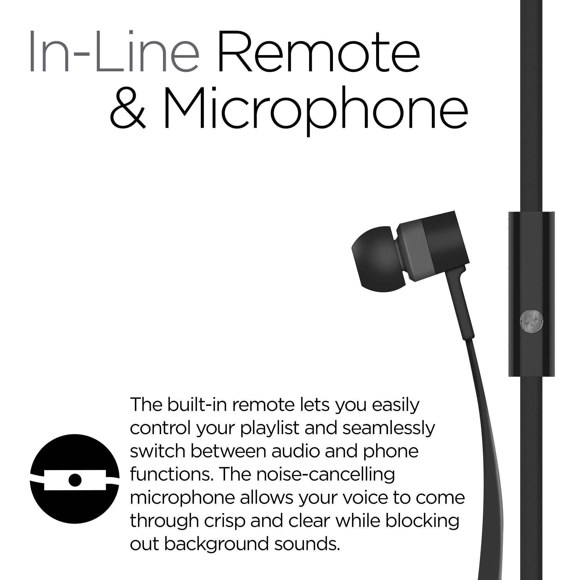 In-Line Remote & Microphone

The built-in remote lets you easily control your playlist and seamlessly switch between audio and phone functions. The noise-cancelling microphone allows your voice to come through crisp and clear while blocking out background sounds.