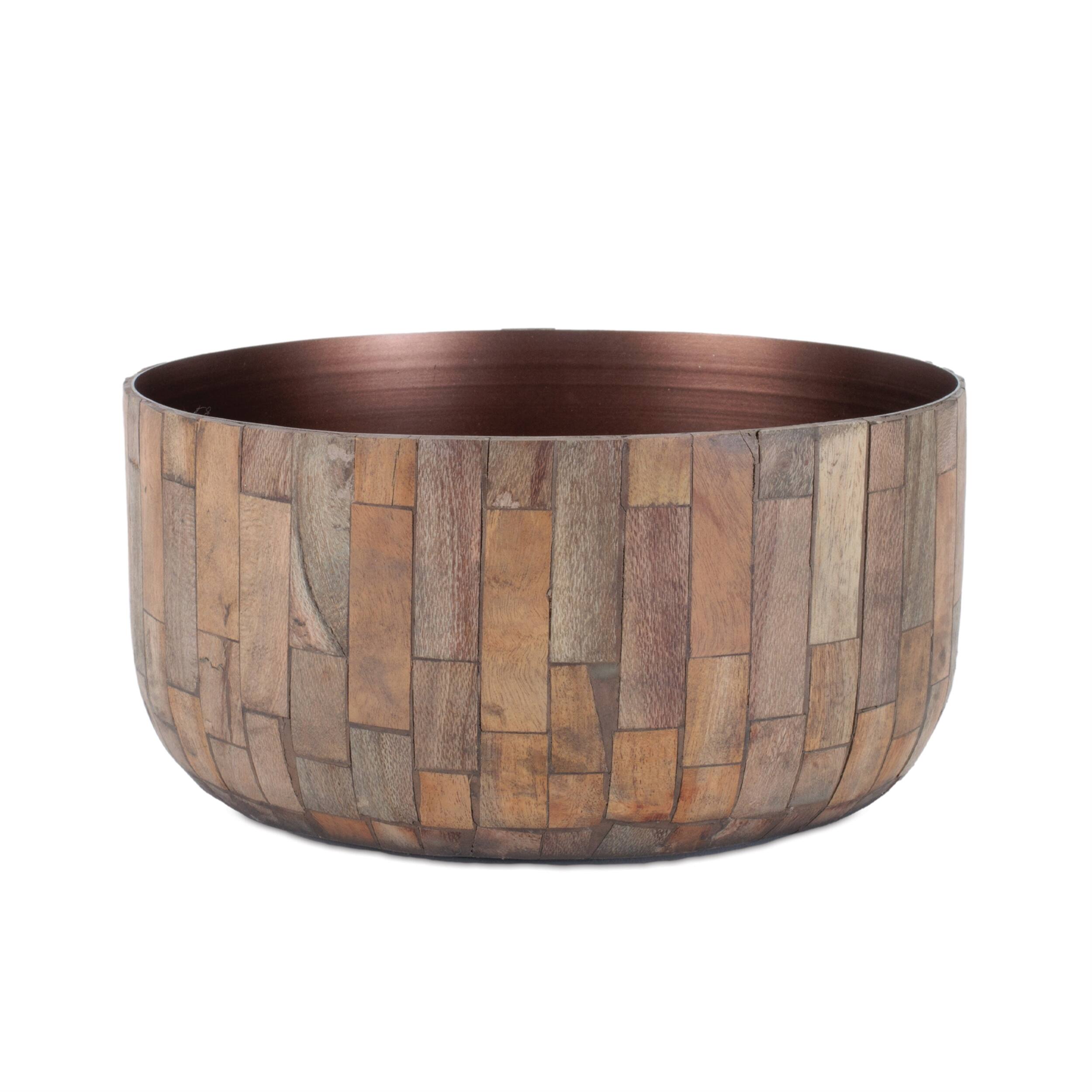 Left. BreeBe - Round Wooden Bowl Planter (Set of 2) - Brown.