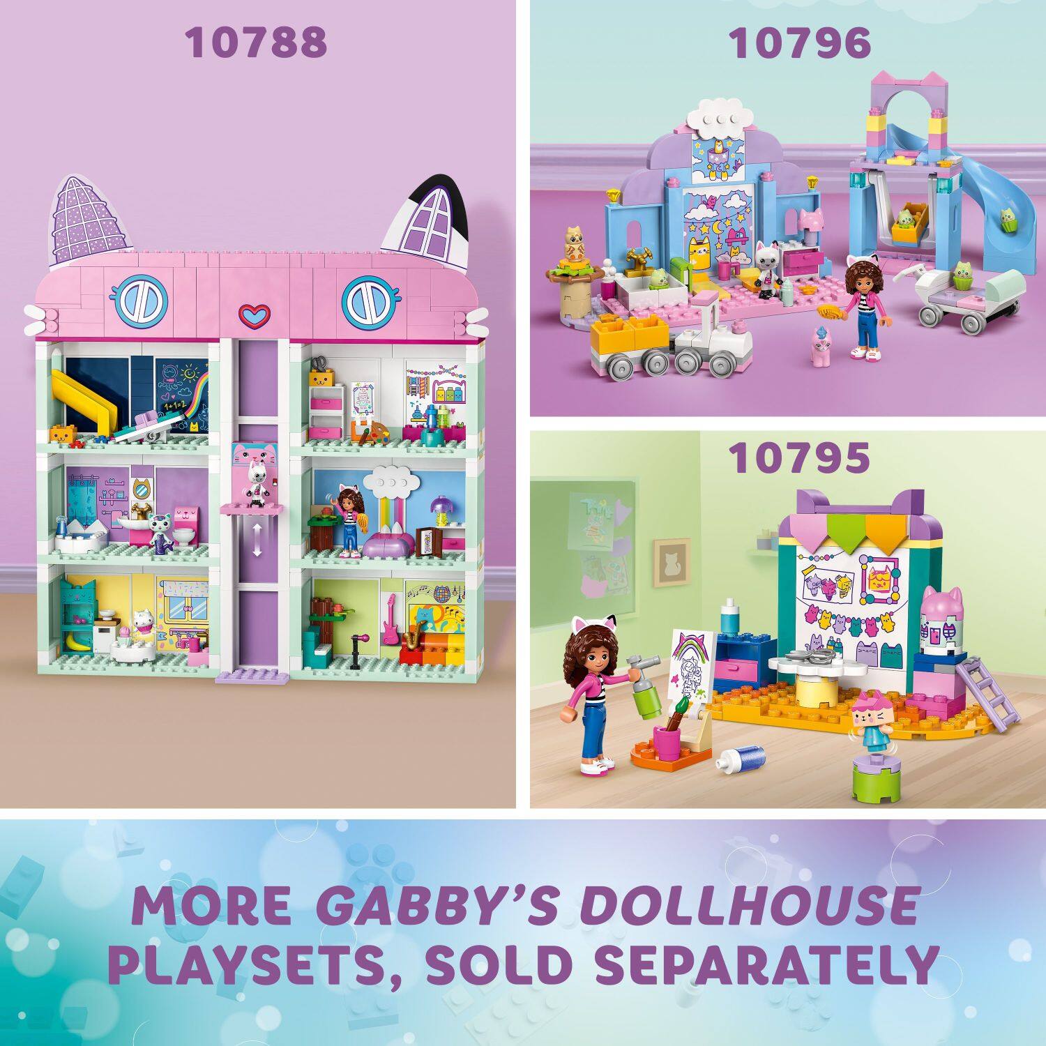 The text on the image is grouped and corrected as follows:
1. 10788: More Gabby's Dollhouse playsets, sold separately.