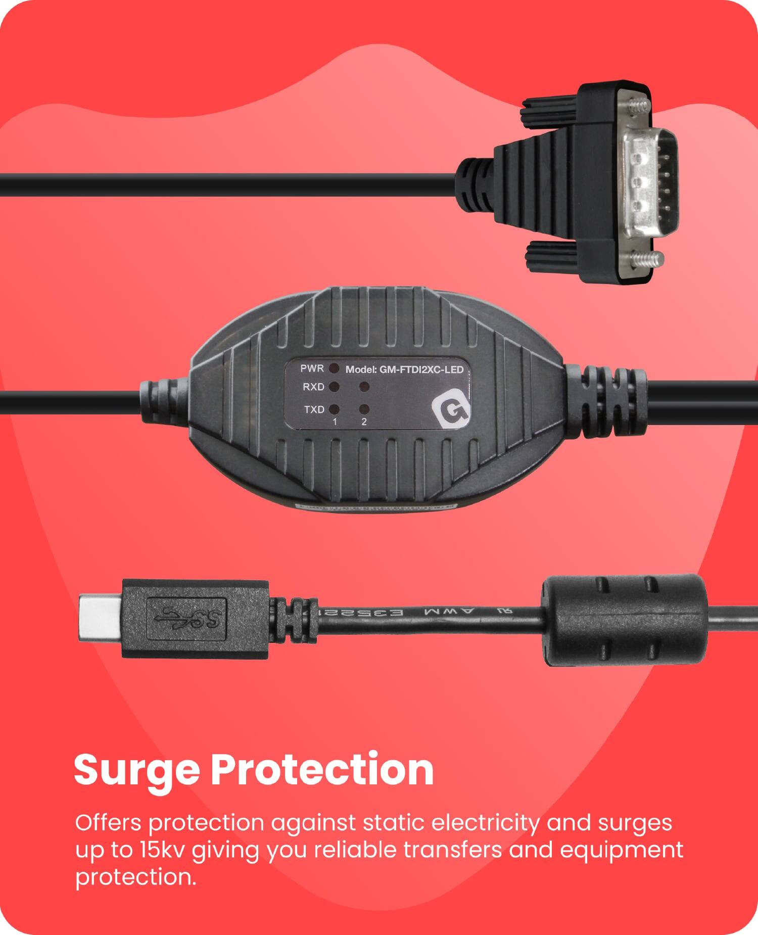 PWR RXD TXD  
Model: GM-FTDI2XC-LED  

1 2 G 22563 AWM HI nS  

Surge Protection  
Offers protection against static electricity and surges up to 15kv giving you reliable transfers and equipment protection.