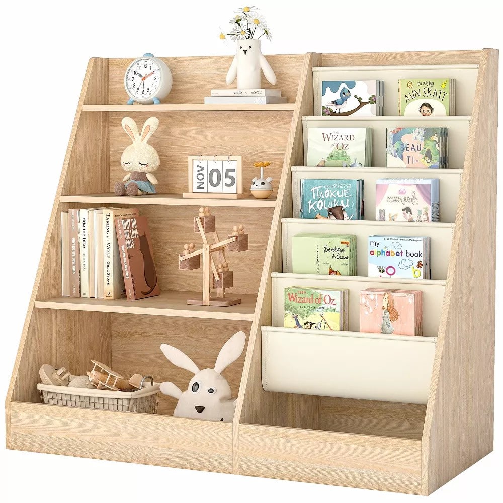 Sugift - 4-Tier Kids Bookshelf and Toy Storage Organizer with Fabric Sling Pockets - Natural price history on PriceWatchPro