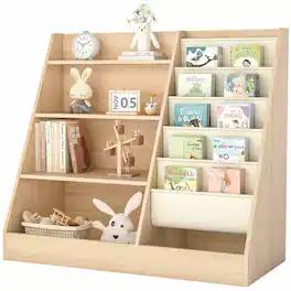 Sugift - 4-Tier Kids Bookshelf and Toy Storage Organizer with Fabric Sling Pockets - Natural