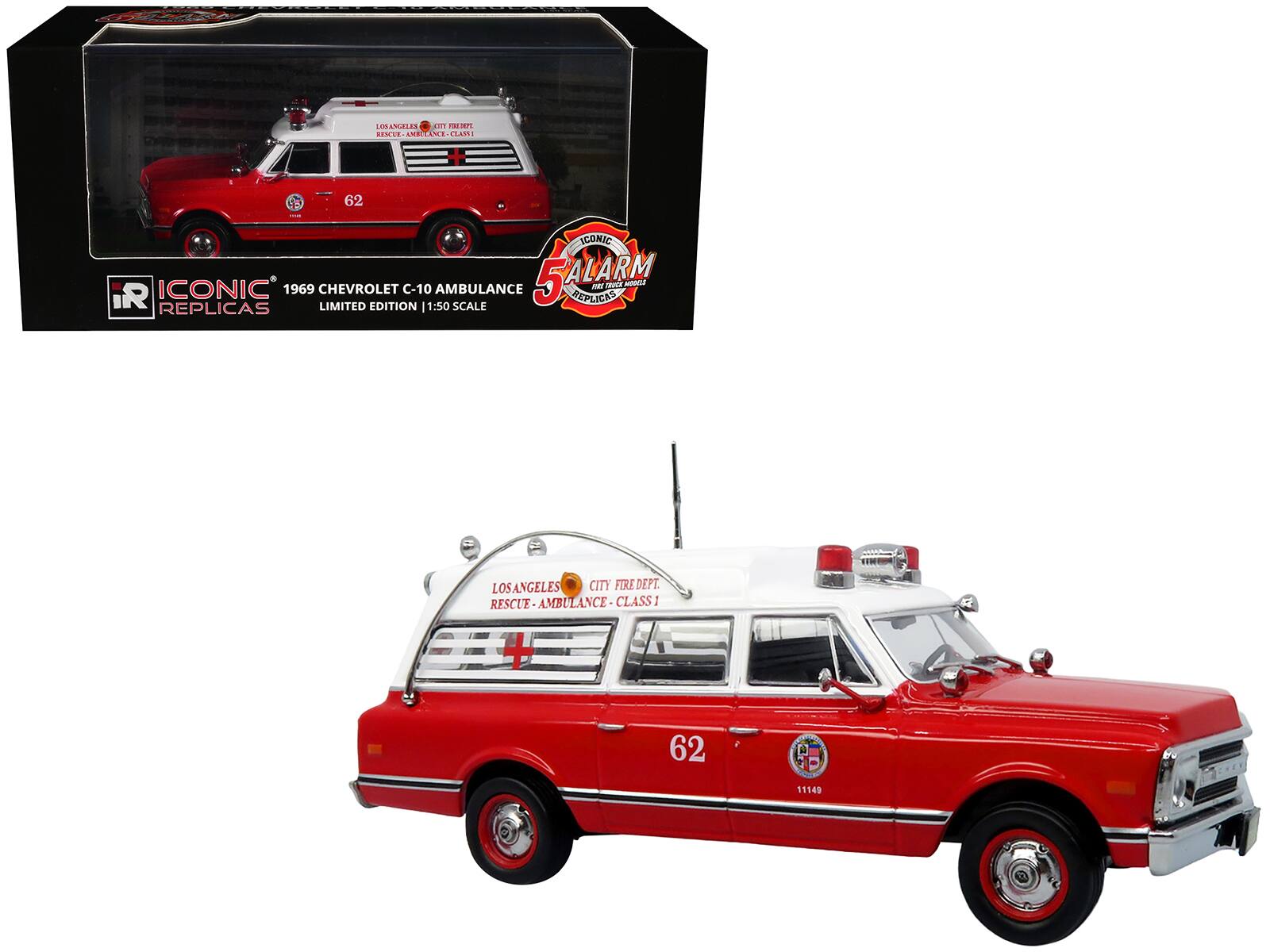 ICONIC REPLICAS  
1969 CHEVROLET C-10 AMBULANCE  
LIMITED EDITION | 1:50 SCALE  
LOS ANGELES CITY FIRE DEPT. RESCUE AMBULANCE - CLASS 1  

LOS ANGELES CITY FIRE DEPT.  
RESCUE - AMBULANCE - CLASS 1  
62  
11149  

ICONIC ALARM  
REPLICAS