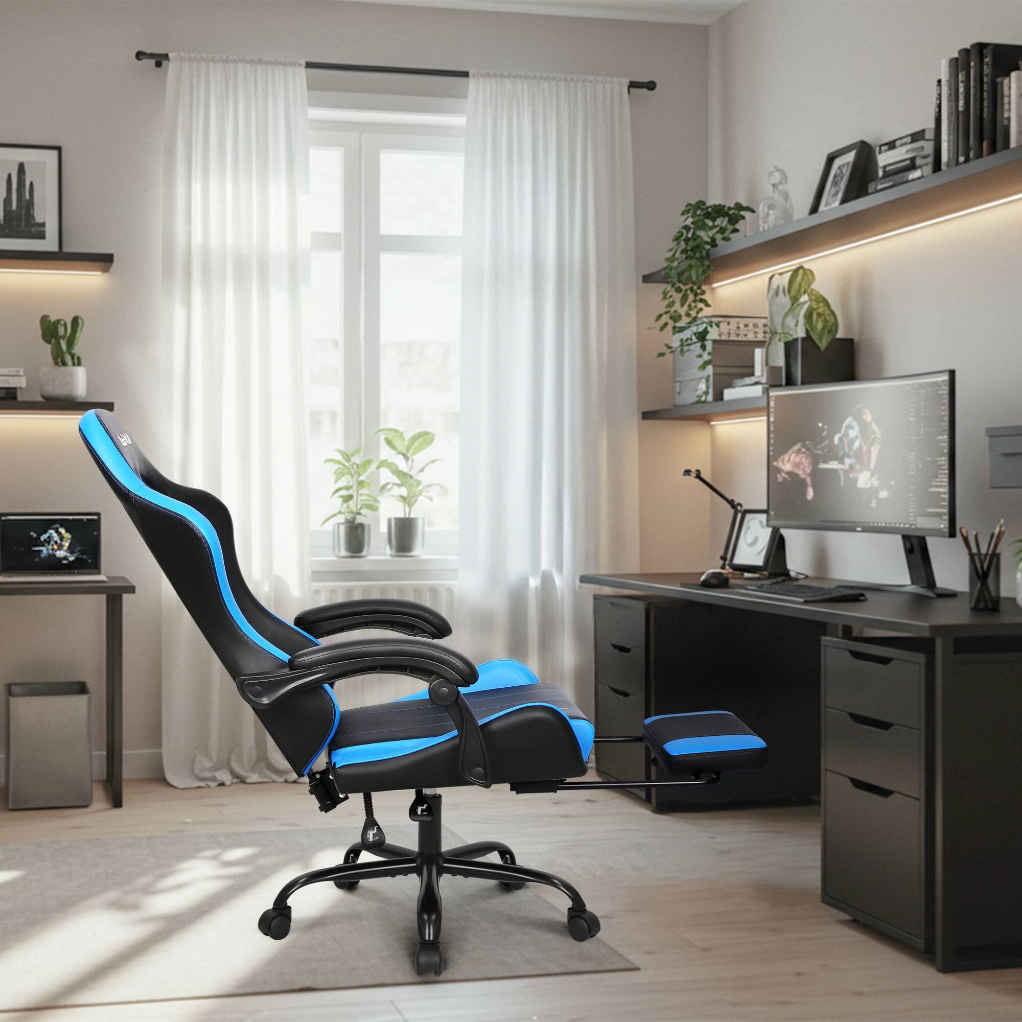 Alt View 4. Neo Chair - Gaming Chair with Footrest High Back Ergonomic Comfortable Office Computer Desk Lumbar Support with PU Leather Recliner - Blue.
