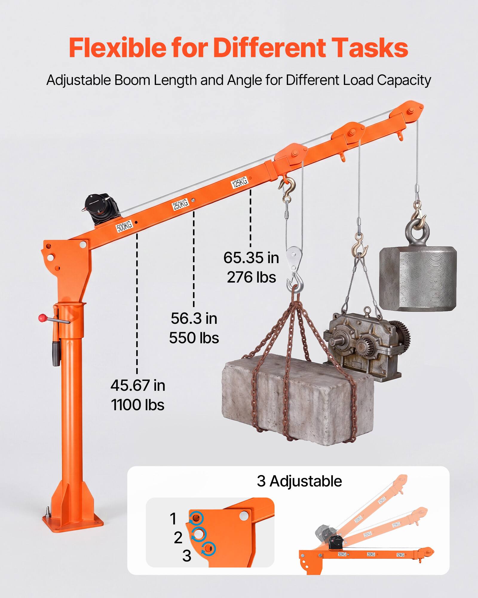 Flexible for Different Tasks  
Adjustable Boom Length and Angle for Different Load Capacity  

500KG  
250KG  
125KG  

65.35 in 276 lbs  
56.3 in 550 lbs  
45.67 in 1100 lbs  

3 Adjustable  
1 2 3