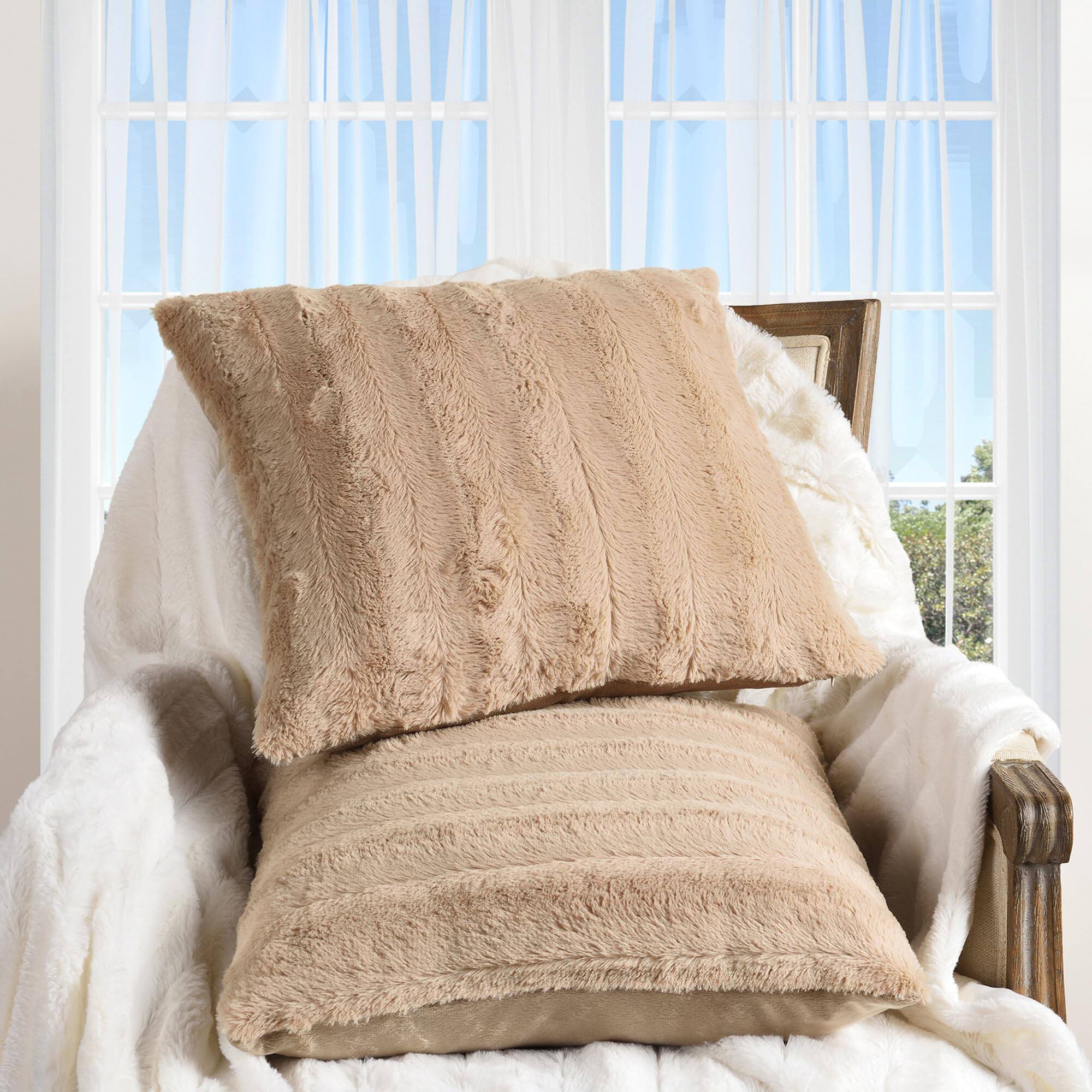 Front. Cheer Collection - Faux Fur Square Decorative Pillow 18x18 (set of 2) - Sand.