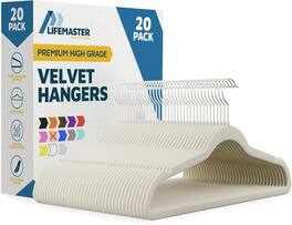 Lifemaster - Velvet Hanger Set – 20-Pack, Non-Slip, 360° Swivel Hook, Space-Saving, Lightweight, Smooth Velvet Finish - Ivory