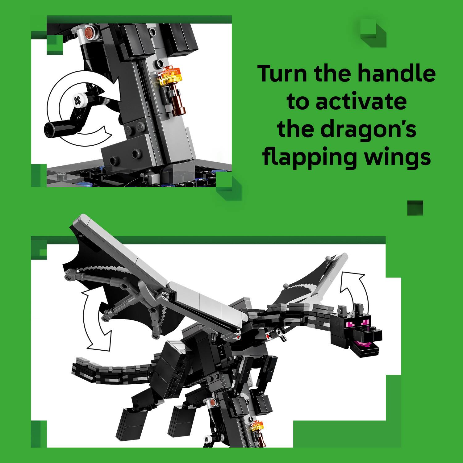 Turn the handle to activate the dragon's flapping wings