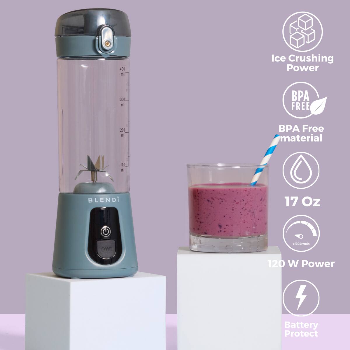 - Ice Crushing Power: 401
- BPA Free material
- 17 Oz
- 120 W Power
- Battery Protect
- 201 mi
- 100 in BLENDI
- x1000r/min